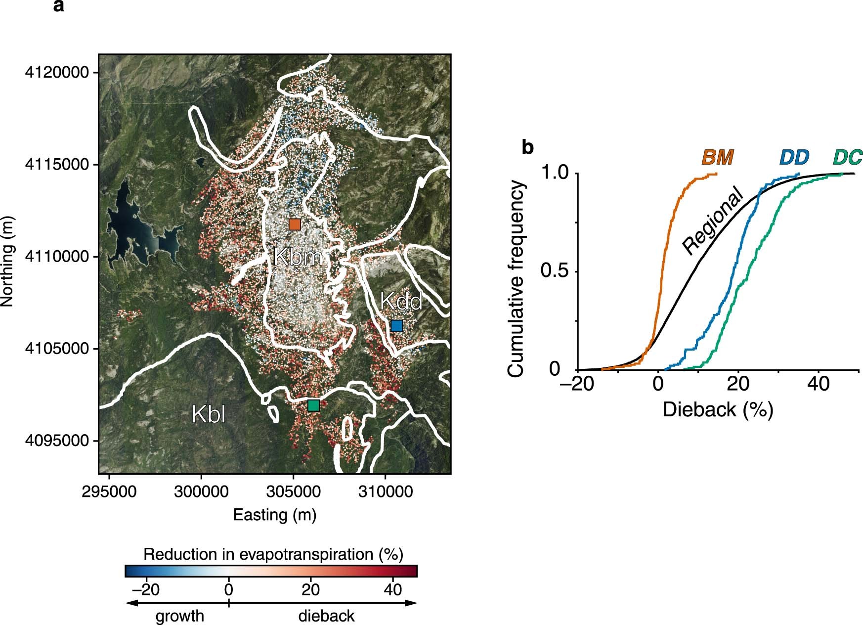 Extended Data Fig. 1: Forest dieback in the region around the study sites.