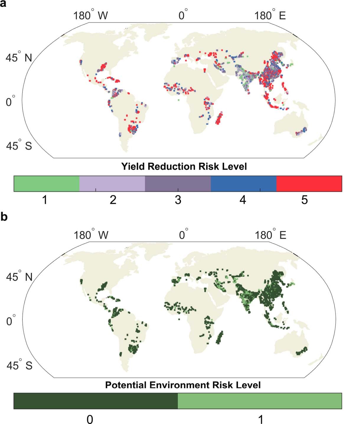 Extended Data Fig. 8: Global distribution of rice yield reduction and potential P pollution risk.