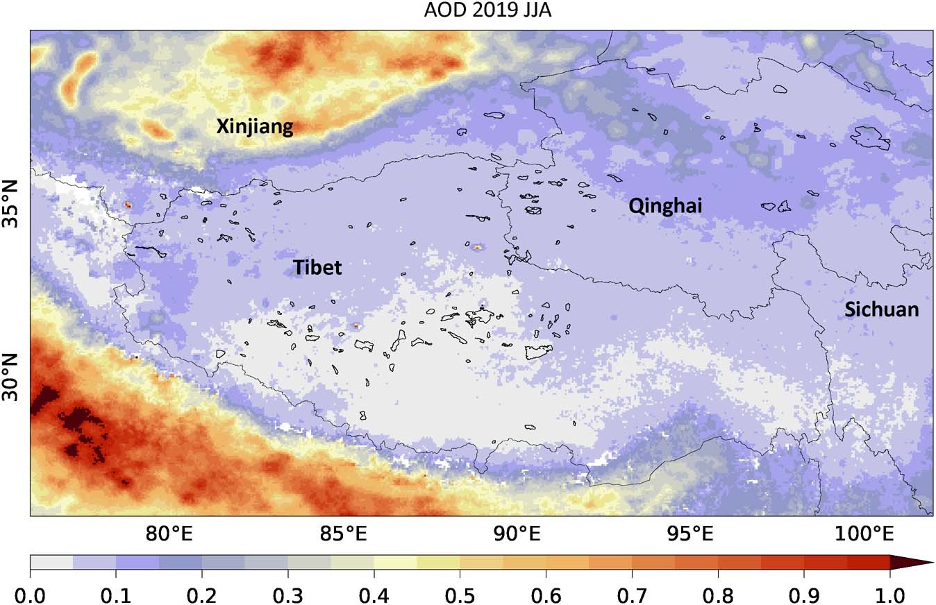 Extended Data Fig. 3: Distribution of AOD in summer 2019.