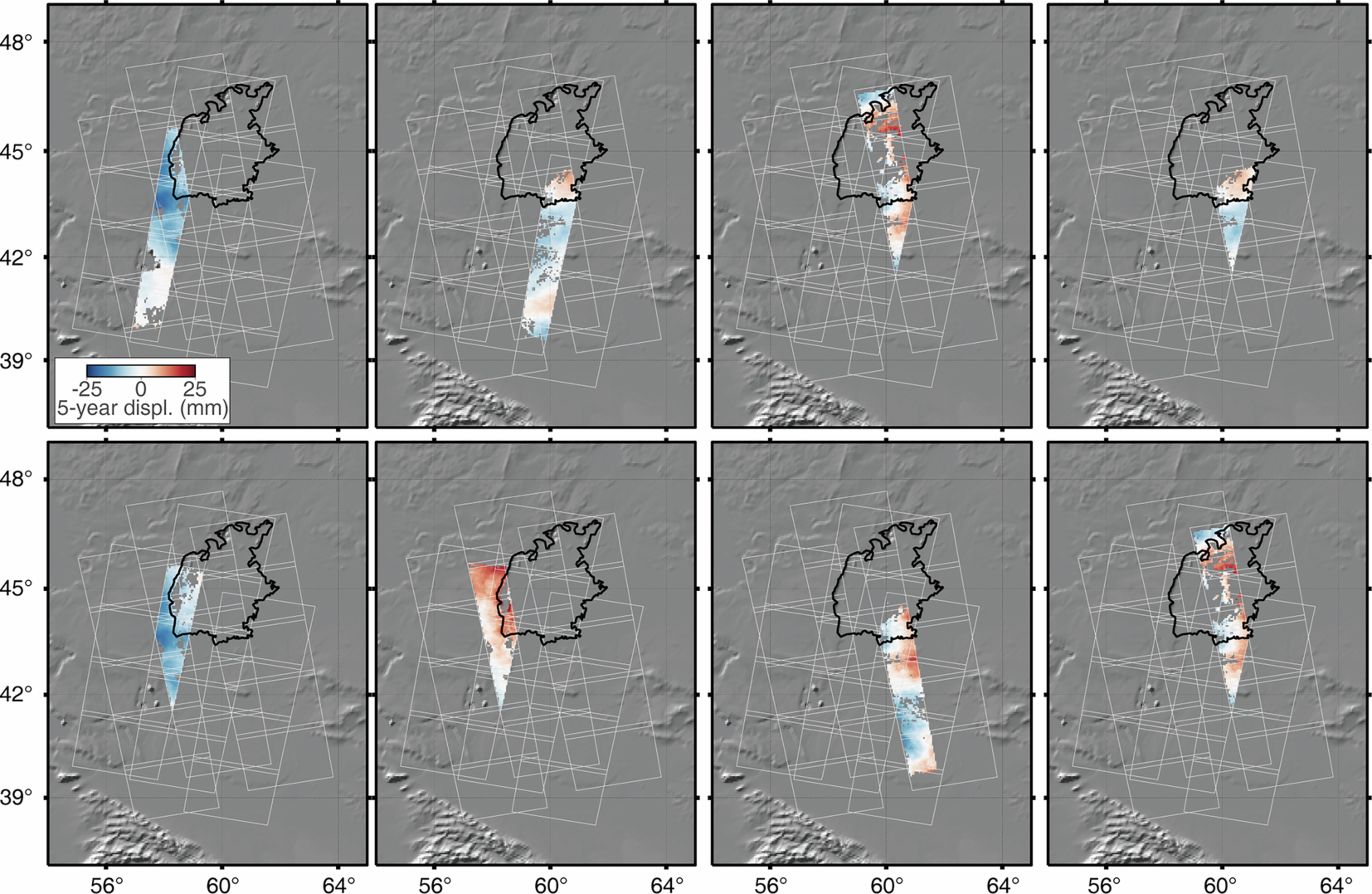 Extended Data Fig. 2: Uncertainty represented as 5-year displacement estimated from overlapping areas of different tracks.