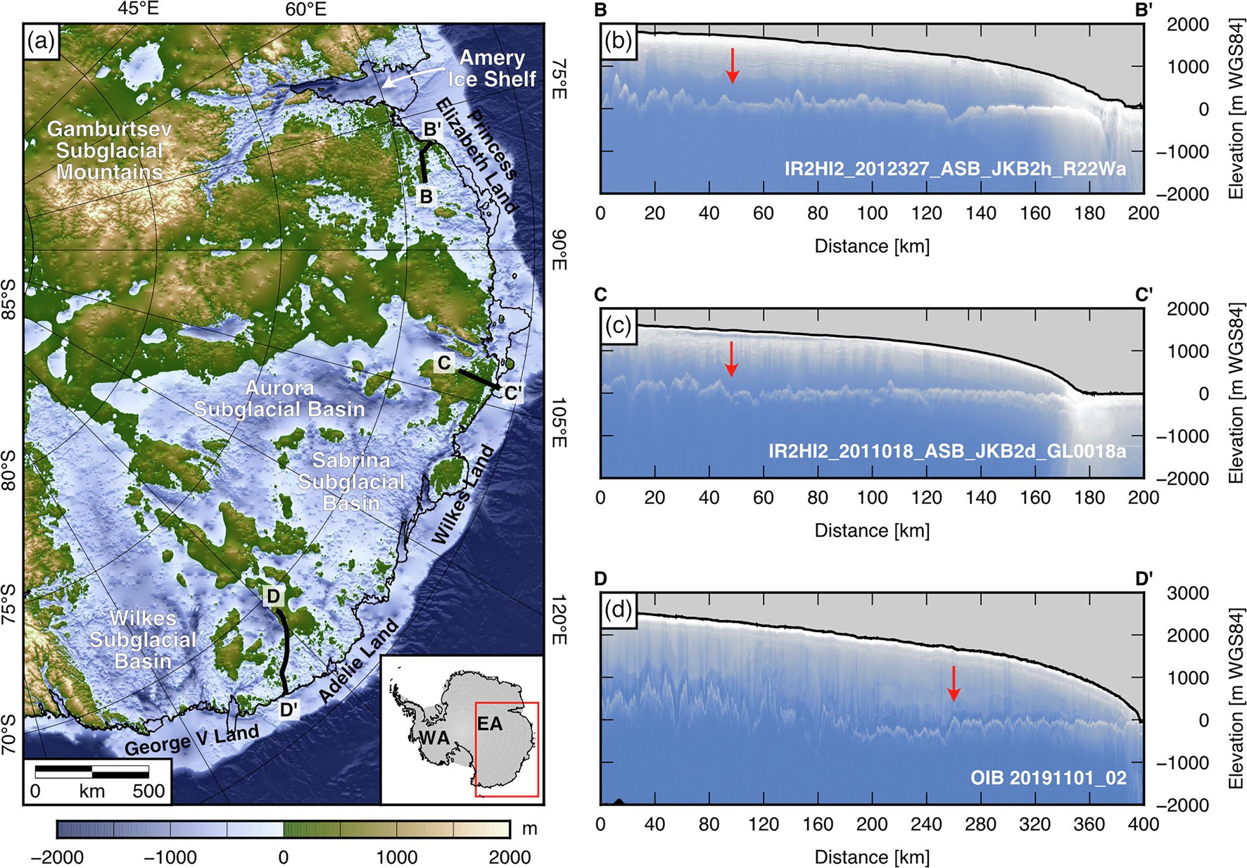 Extended Data Fig. 2: Coast-orthogonal radar profiles crossing the flat surfaces.