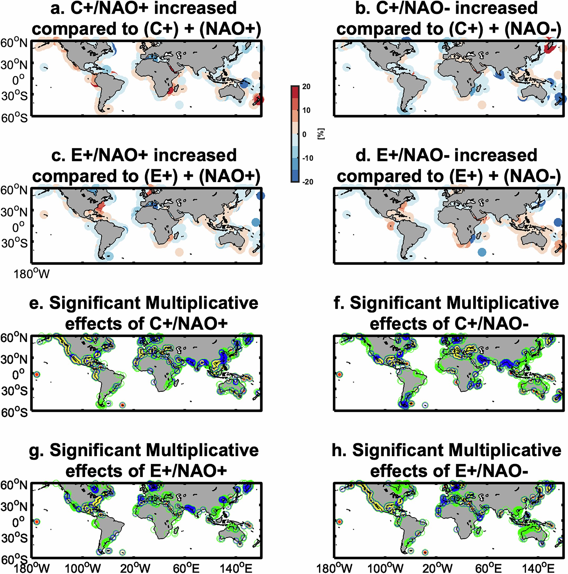 Extended Data Fig. 5: Additive versus multiplicative effects of climate modes phases on coastal flood risks.