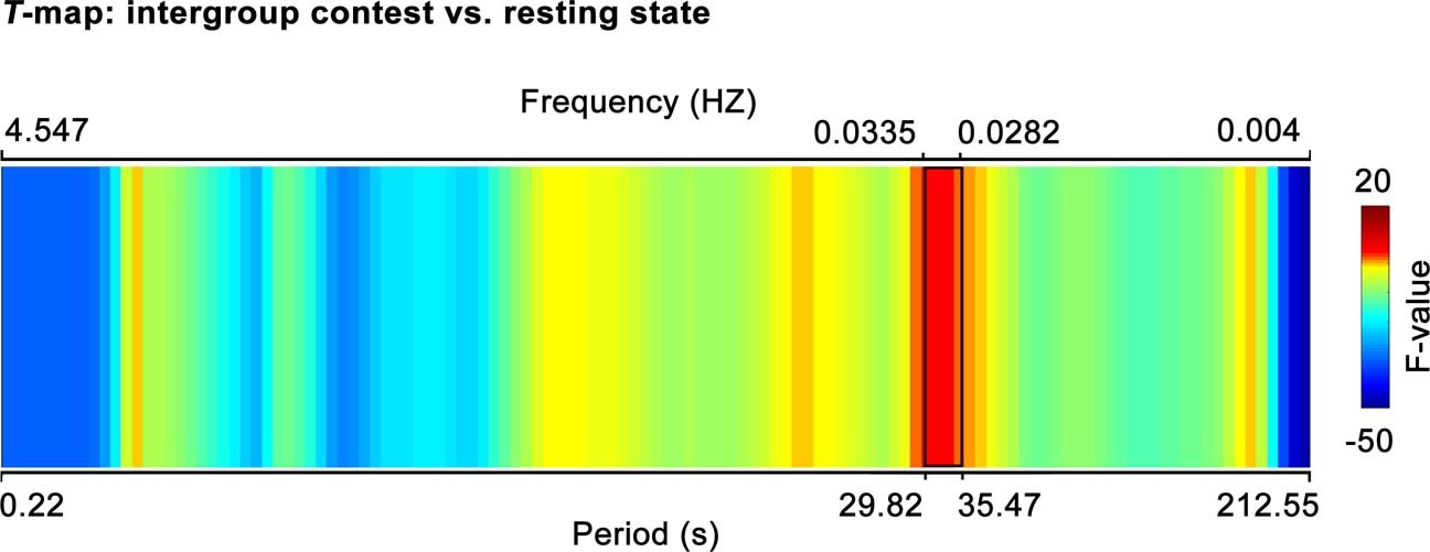 Extended Data Fig. 1: Verify frequency band with increased neural synchronization to intergroup contest than resting-state.