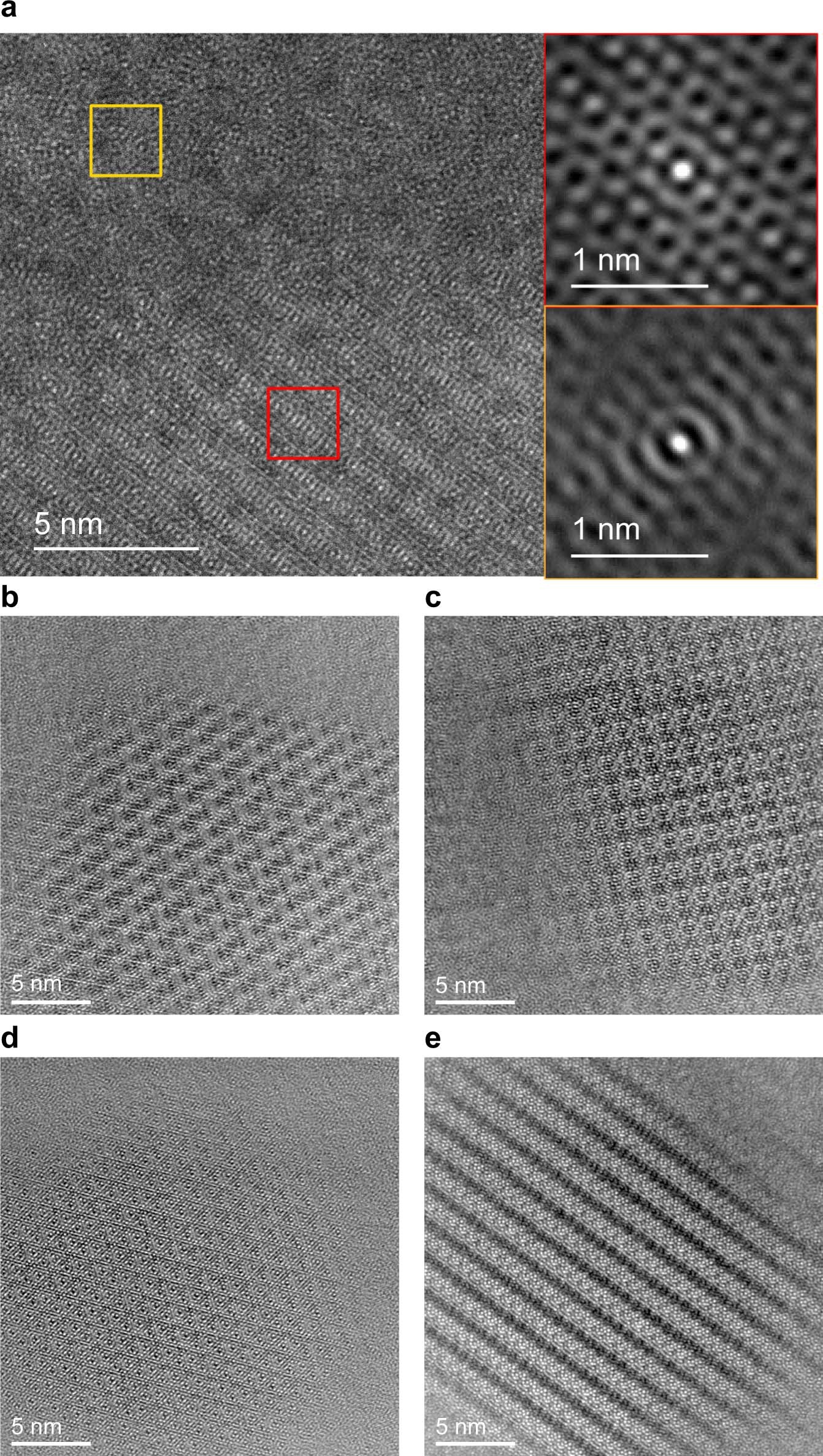 Extended Data Fig. 3: More evidence supporting the existence of the medium-range building block in the amorphous phase from the HAADF-STEM observation, and the Cs-corrected high-resolution transmission electron microscopy (HRTEM) images to observe the atomic structure of the cube phase.