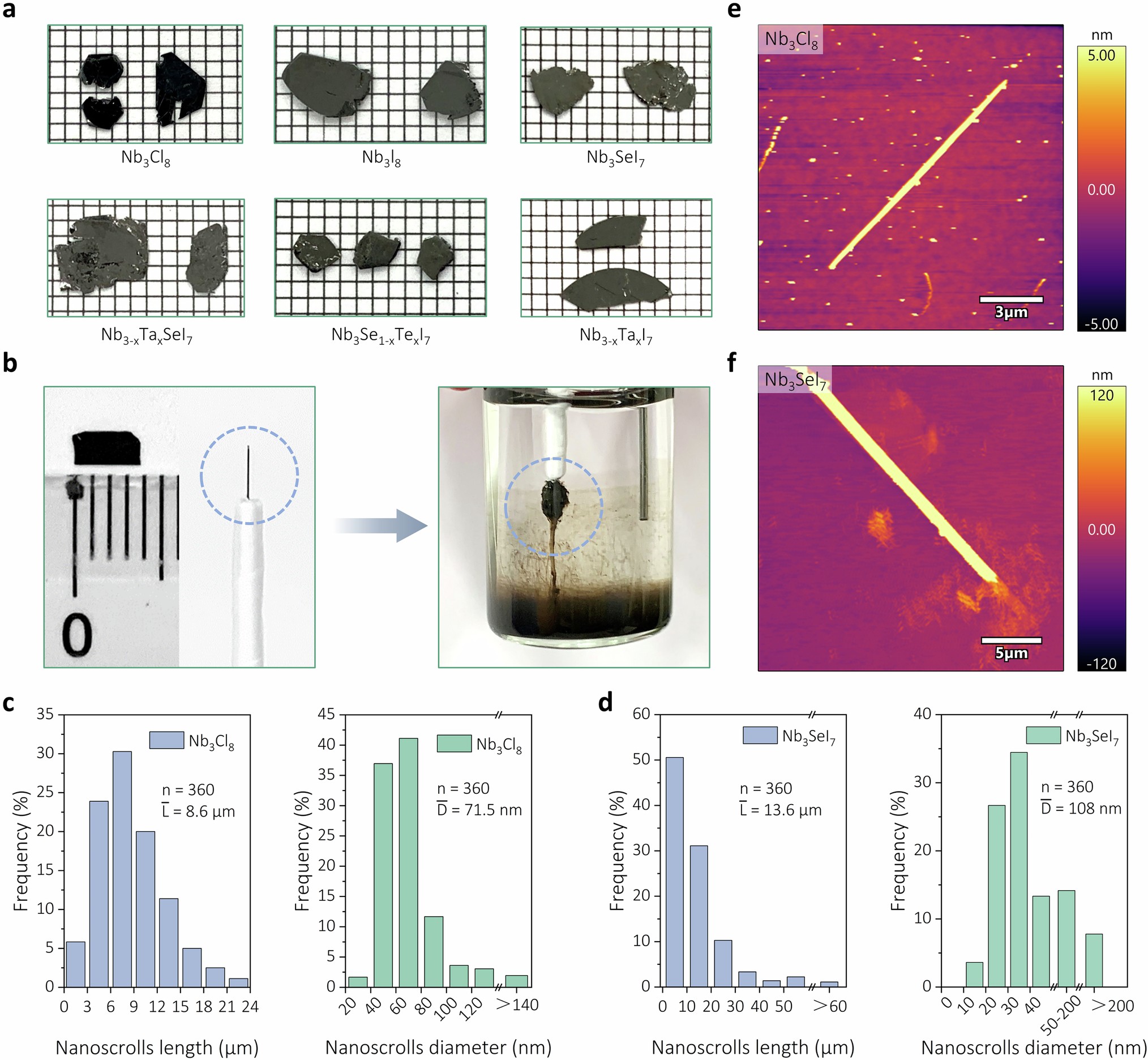 Extended Data Fig. 3: Electrochemical intercalation and exfoliation of M3X8 and M3QX7 single crystals and morphological characterization of 1D nanoscrolls.