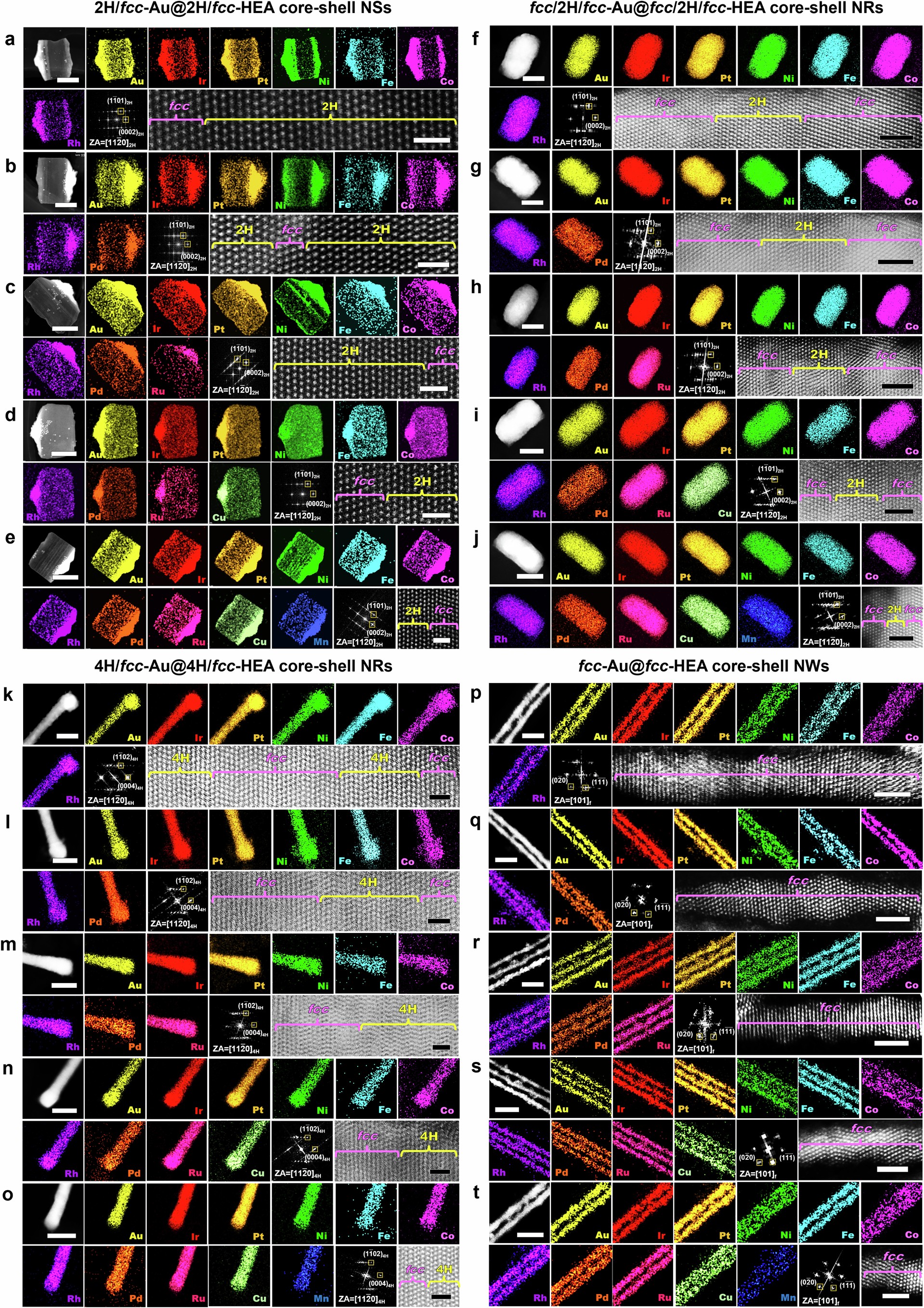 Extended Data Fig. 1: Structural characterization of 2H/fcc-Au@2H/fcc-HEA core-shell NSs, fcc/2H/fcc-Au@fcc/2H/fcc-HEA core-shell NRs, 4H/fcc-Au@4H/fcc-HEA core-shell NRs and fcc-Au@fcc-HEA core-shell NWs.