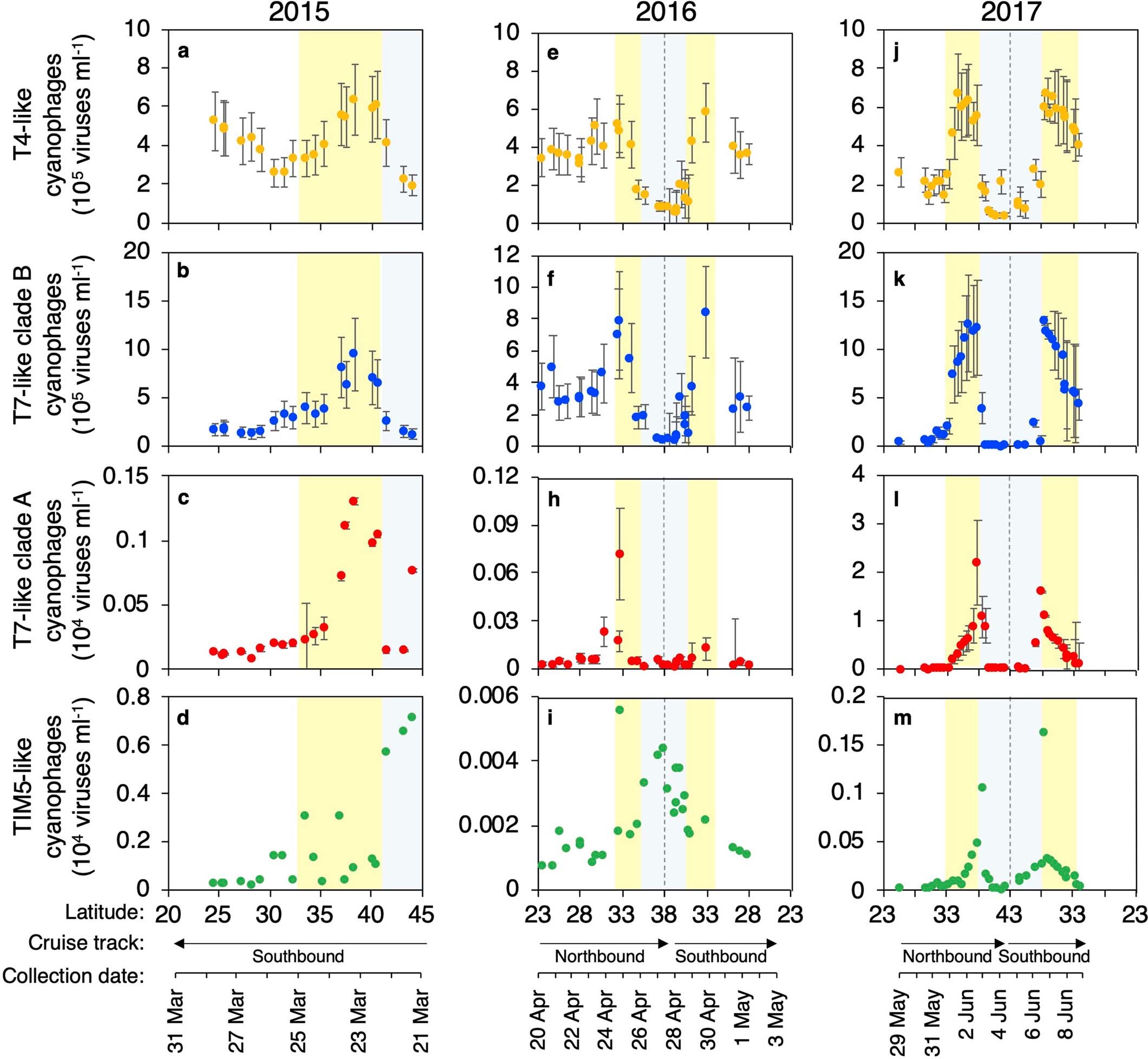 Extended Data Fig. 4: Recurrent patterns in the abundances of different cyanophage lineages.