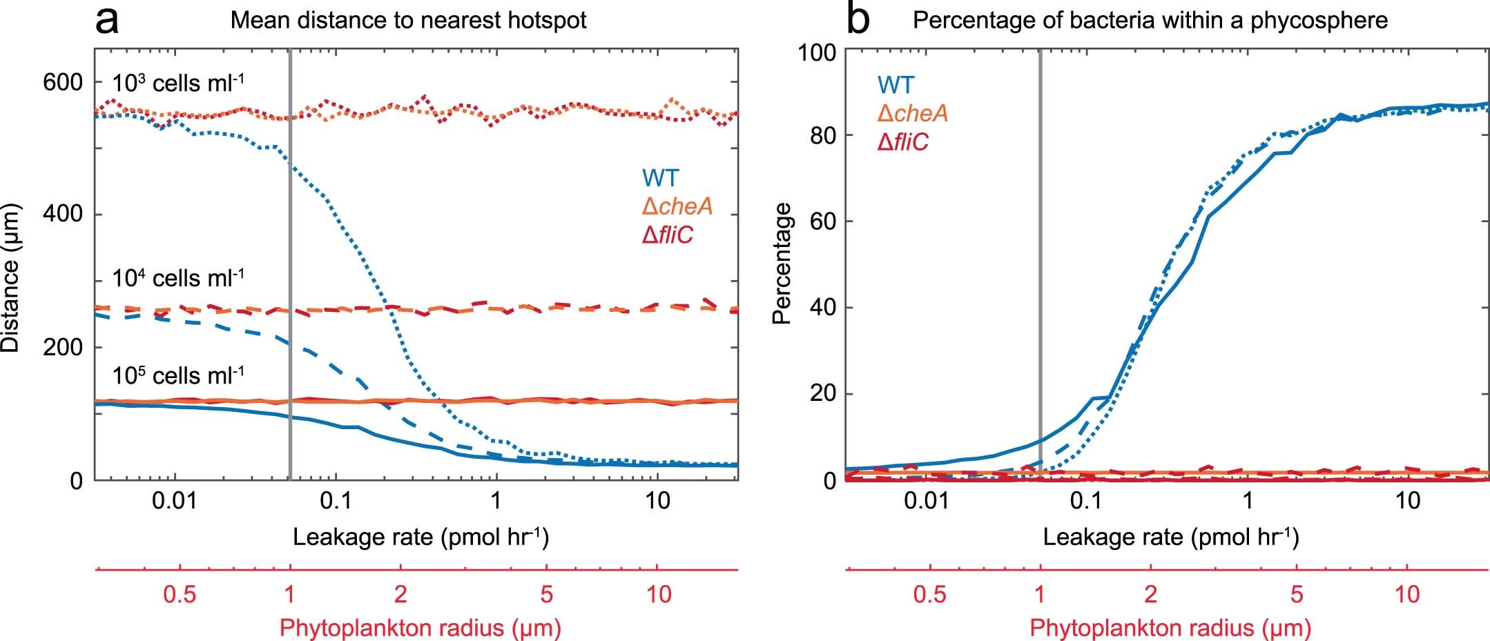 Extended Data Fig. 8: Phytoplankton exudation rate affects bacteria-phytoplankton distances and bacterial ‘trapping’.