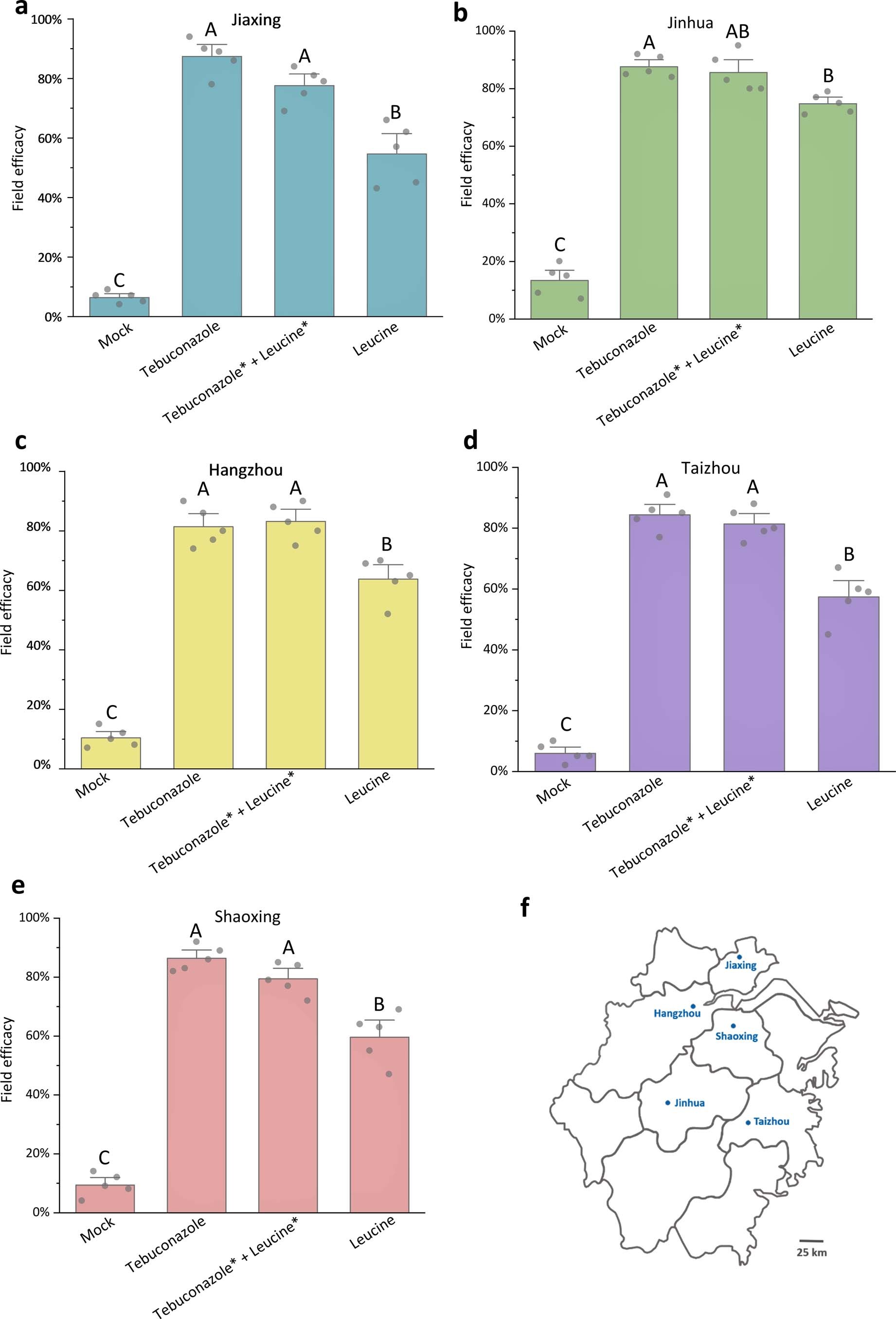 Extended Data Fig. 4: The control efficacy leucine and tebuconazole on U. virens-caused RFS in the field trials.