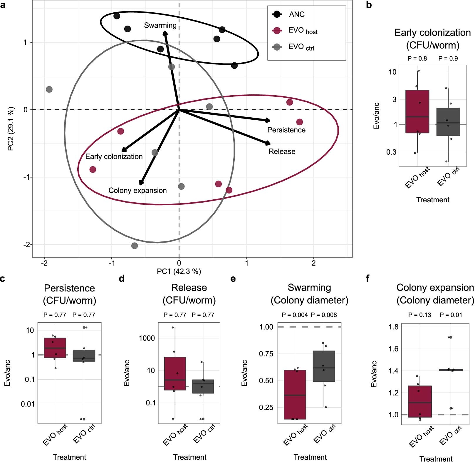 Extended Data Fig. 4: Evolution of a host-interaction life-style in the populations from the end of the host-associated evolution treatments.