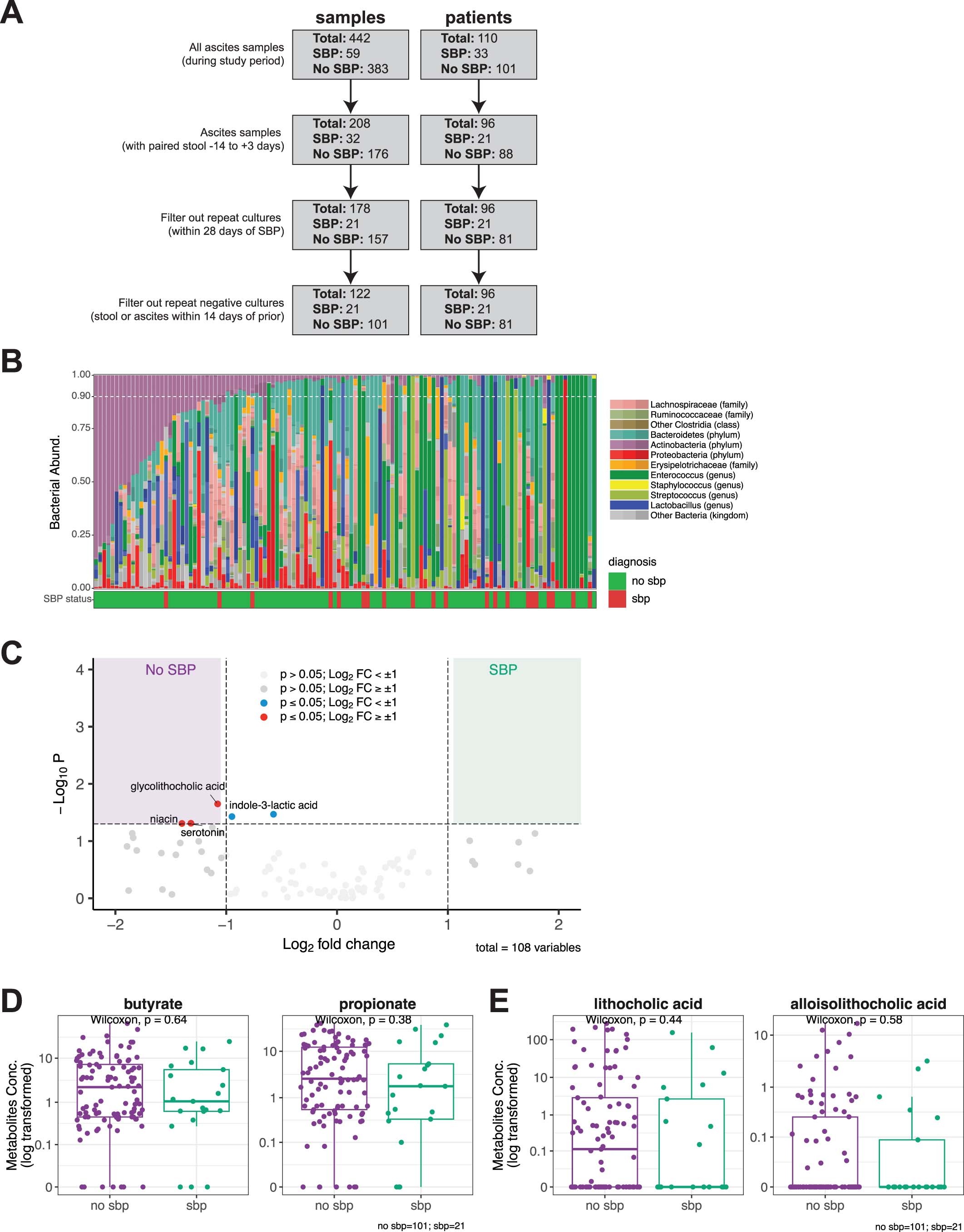 Extended Data Fig. 7: Bifidobacteria expansion and associated metabolite production are associated with decreased incidence of spontaneous bacterial peritonitis (SBP).