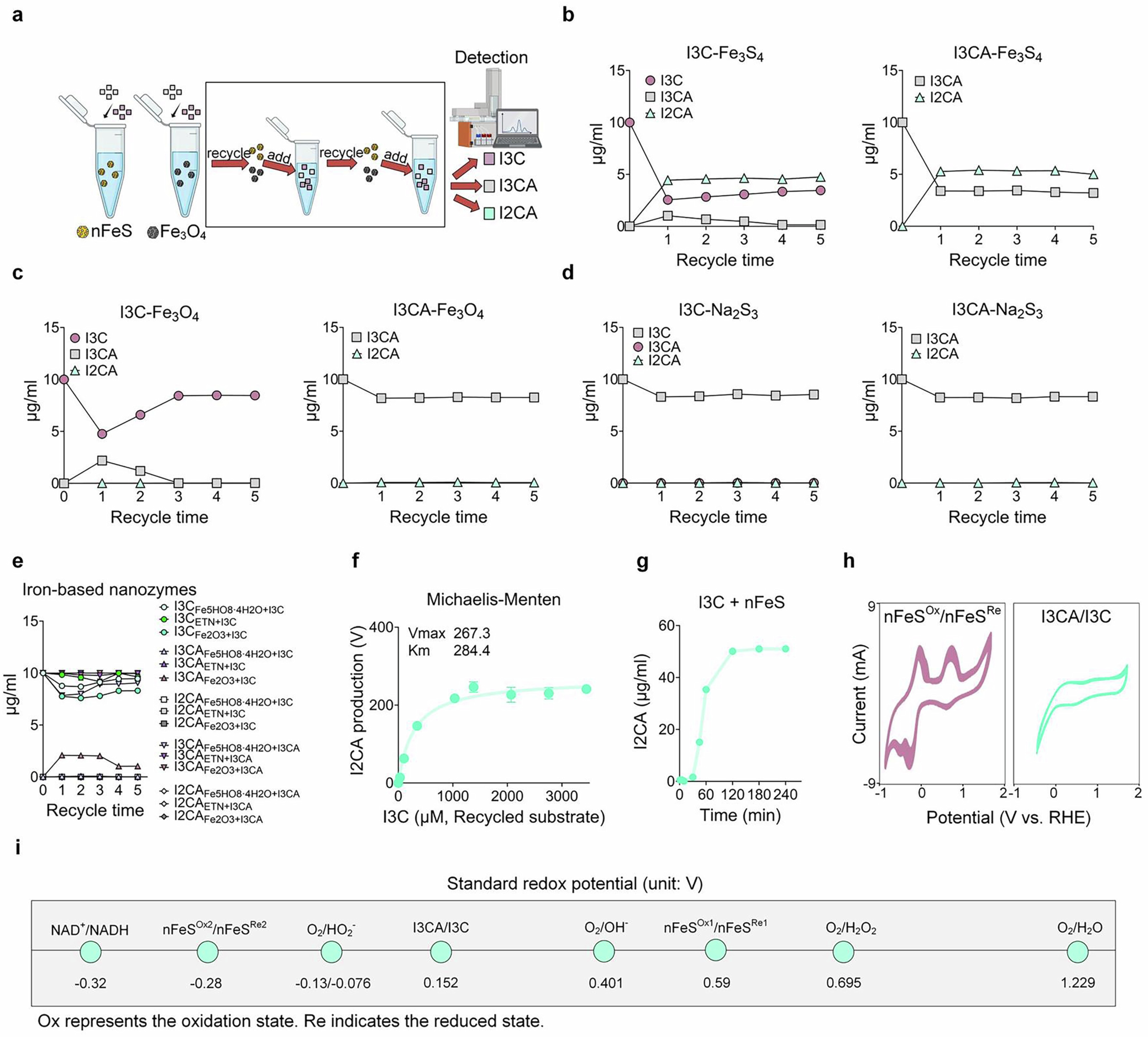 Extended Data Fig. 7: Recyclability of nFeS in the conversion from I3C to I2CA confirms its catalytic behavior.