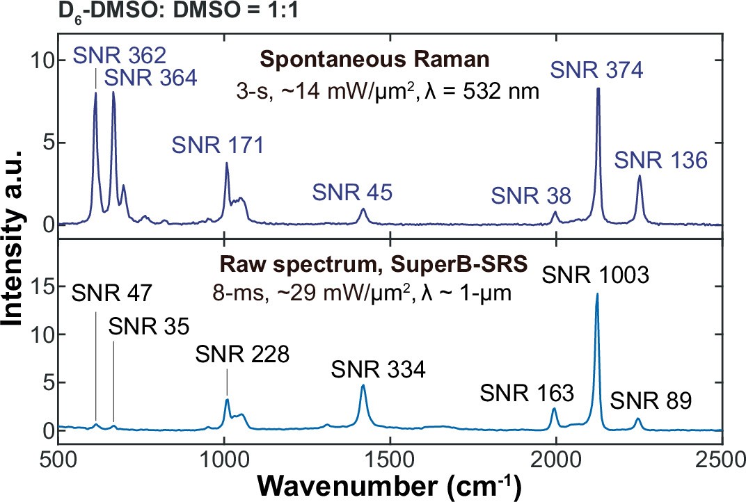 Extended Data Fig. 3: Acquisition speed comparison between SuperB-SRS and spontaneous Raman.