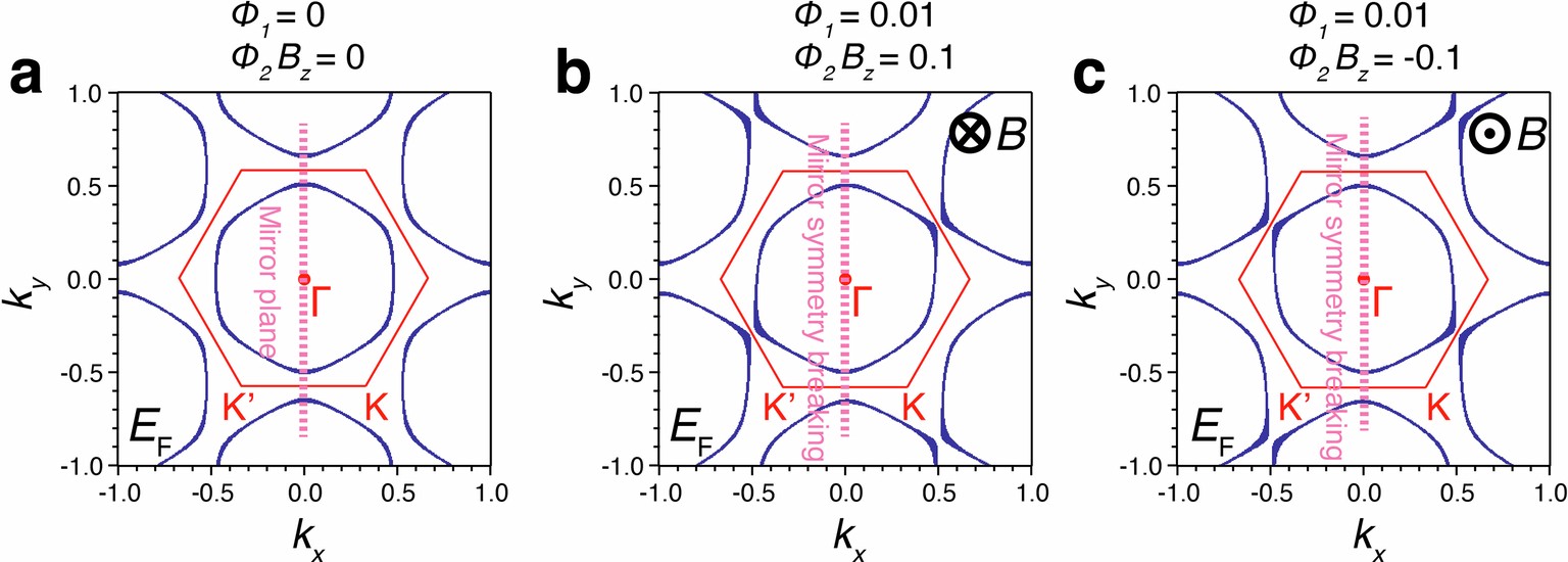Extended Data Fig. 7: Fermi surface of the nearest-neighbor kagome model of Methods Section F in the presence of a magnetic field.