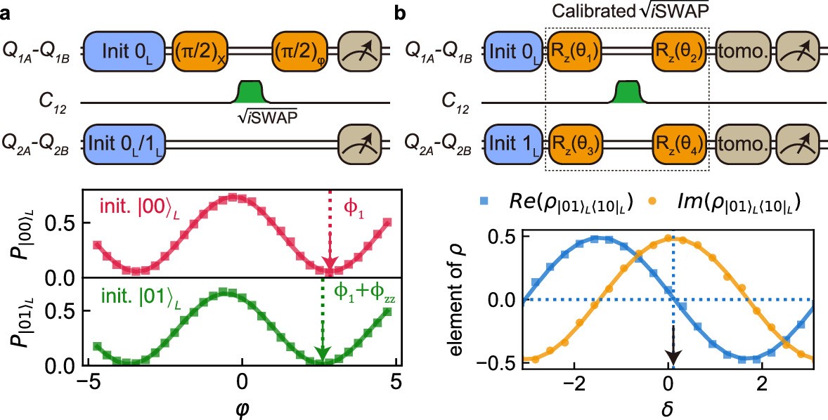Extended Data Fig. 1: Calibration of accumulated phases during logical 
                      $$\sqrt{{\rm{iSWAP}}}$$
                      
                        
                          
                            iSWAP
                          
                        
                      
                     gate.