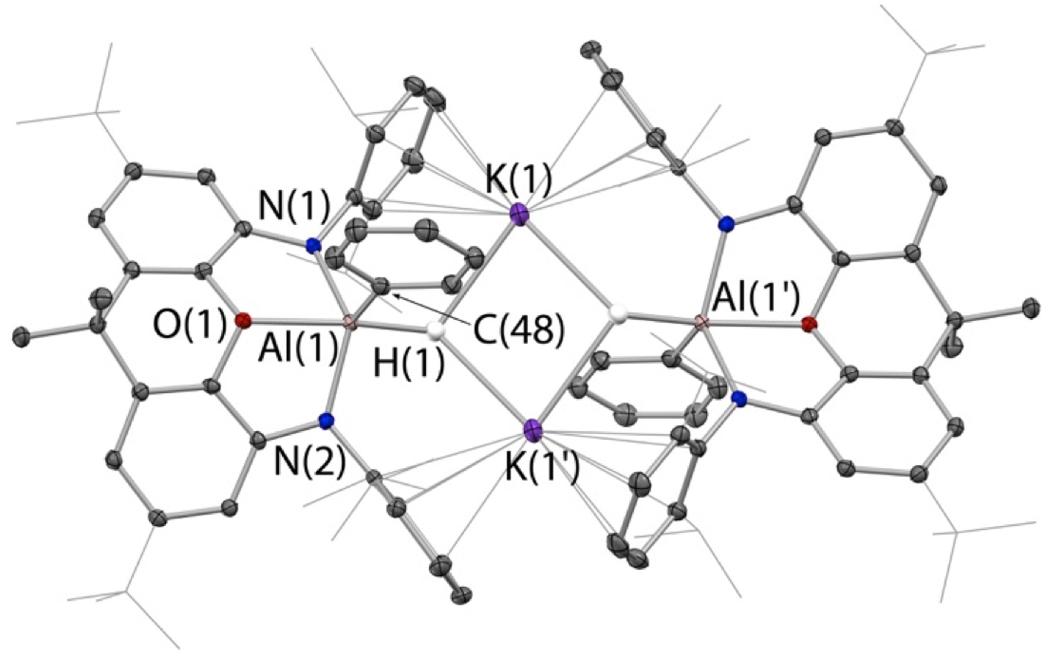 Extended Data Fig. 7: Molecular structure of [K{Ph(H)Al(NON)}]2 as determined by X-ray crystallography.