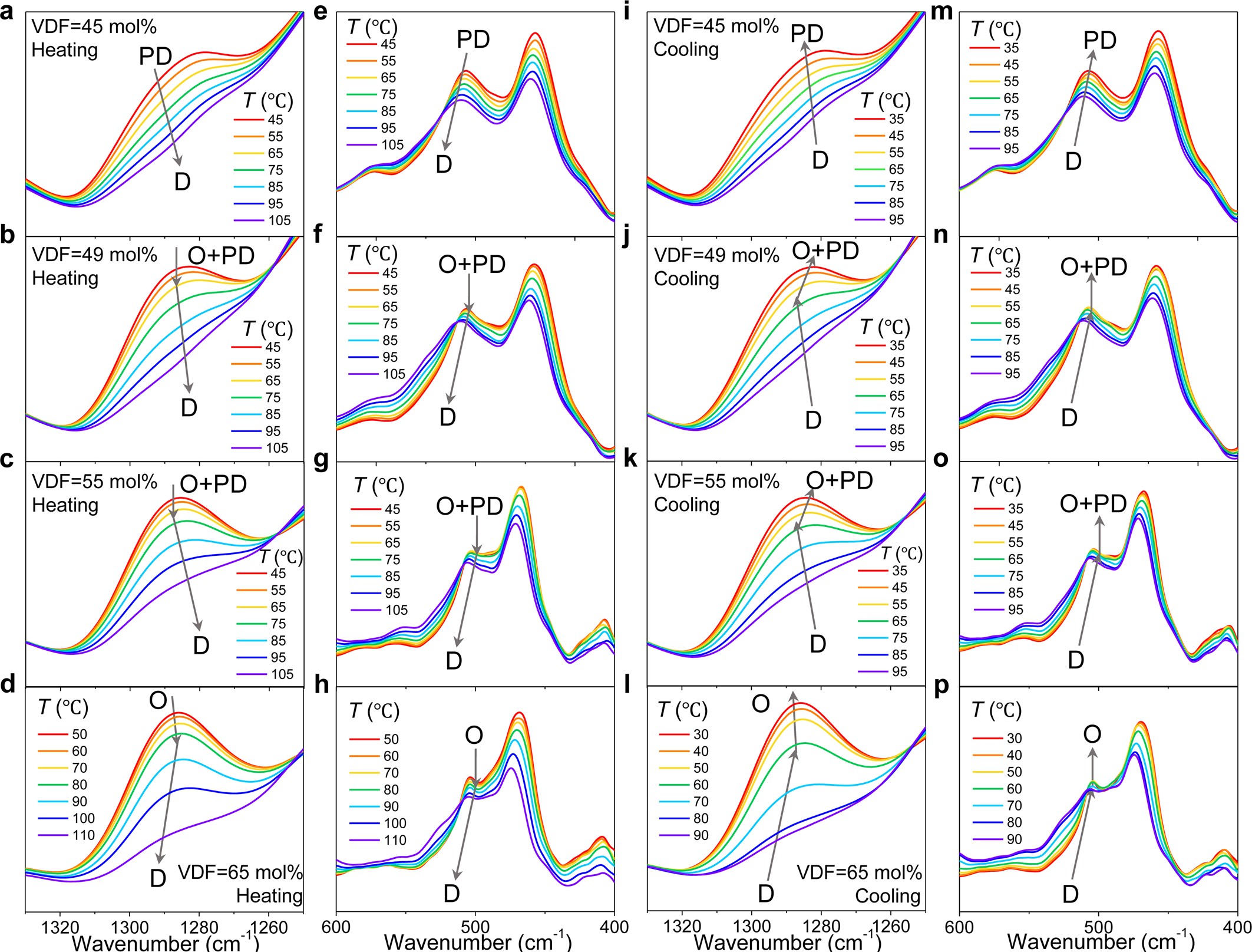 Extended Data Fig. 9: Infrared absorbance bands of P(VDF-TrFE) copolymers at around 1,290 cm−1 and 507 cm−1, measured at various temperatures.