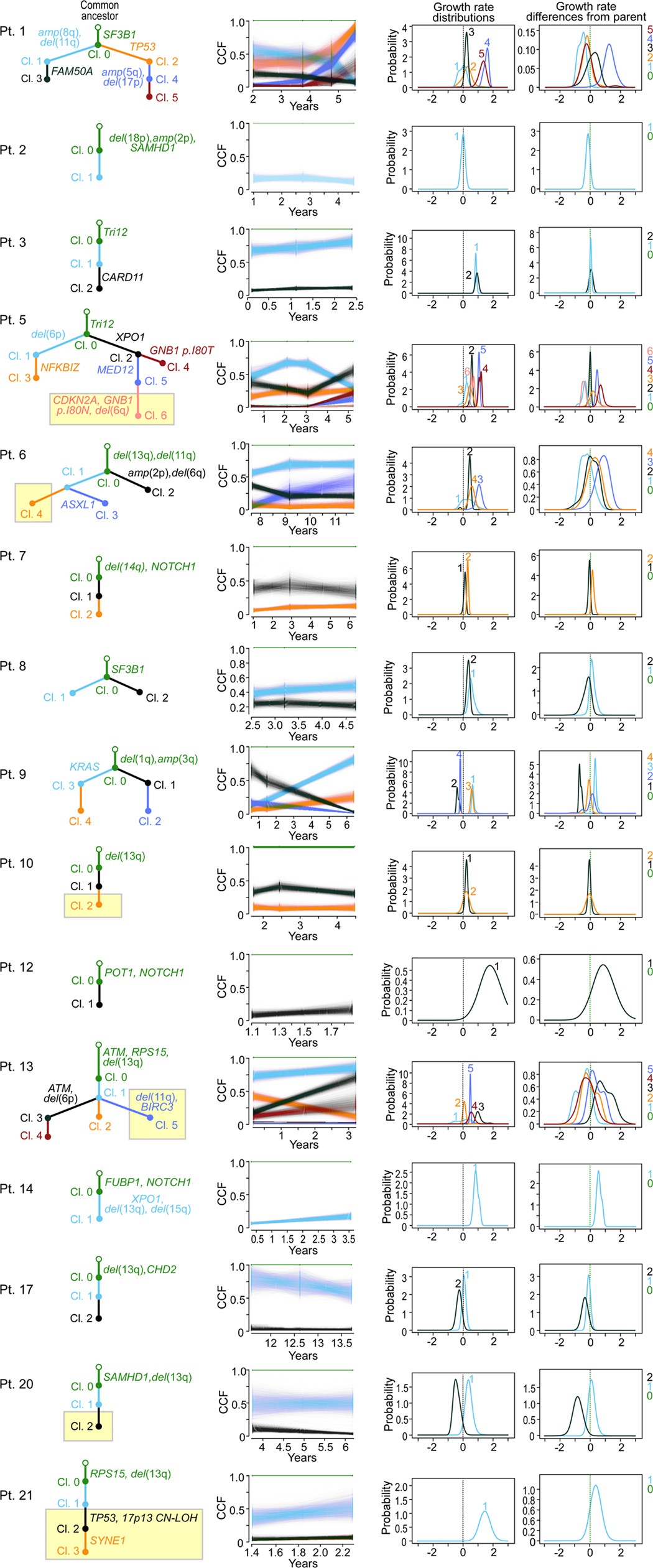 Extended Data Fig. 7: Subclonal growth rate estimates of patients with non-bounded growth.