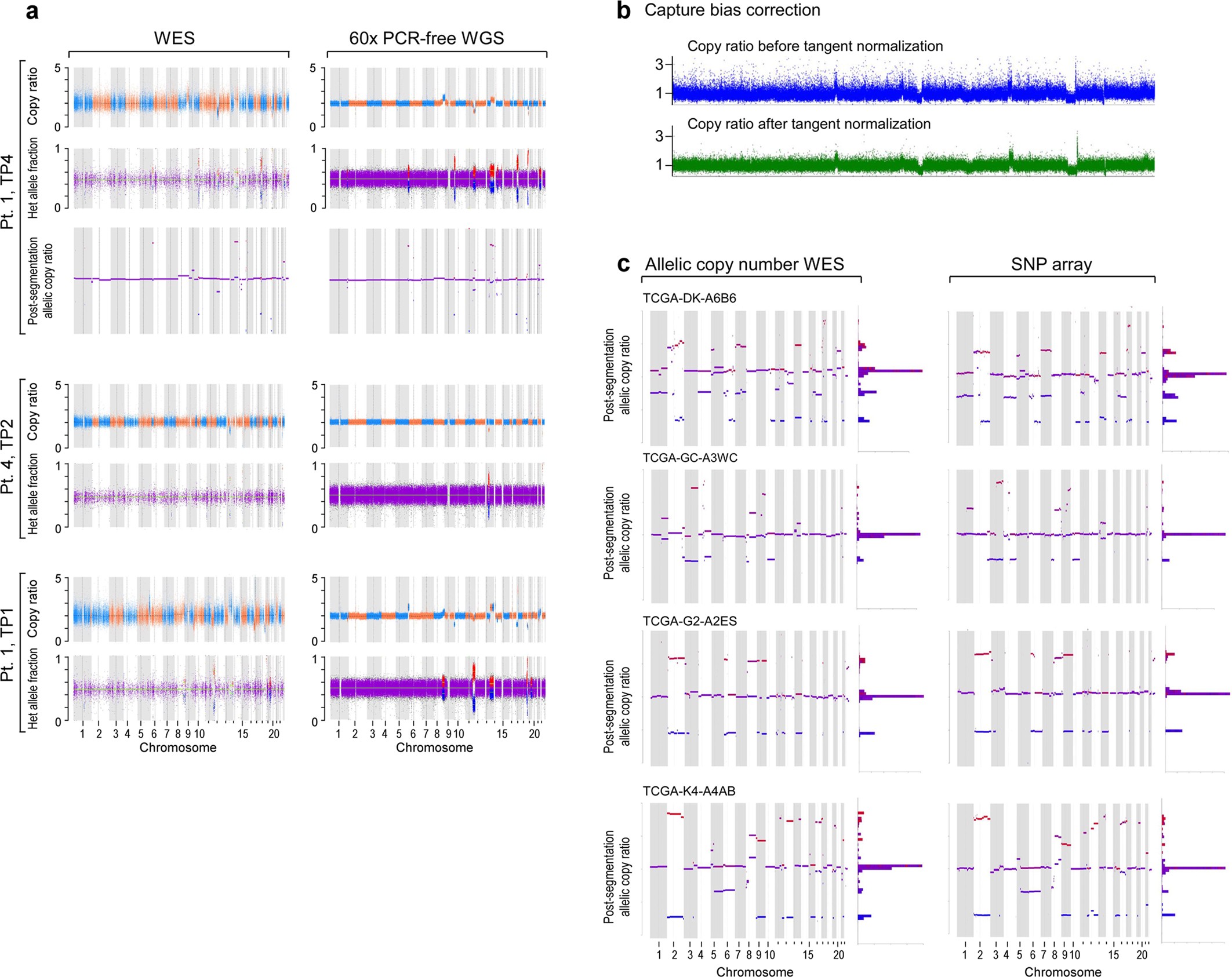 Extended Data Fig. 8: Somatic copy number alteration calling from WES, WGS and SNP array data showing highly concordant results.