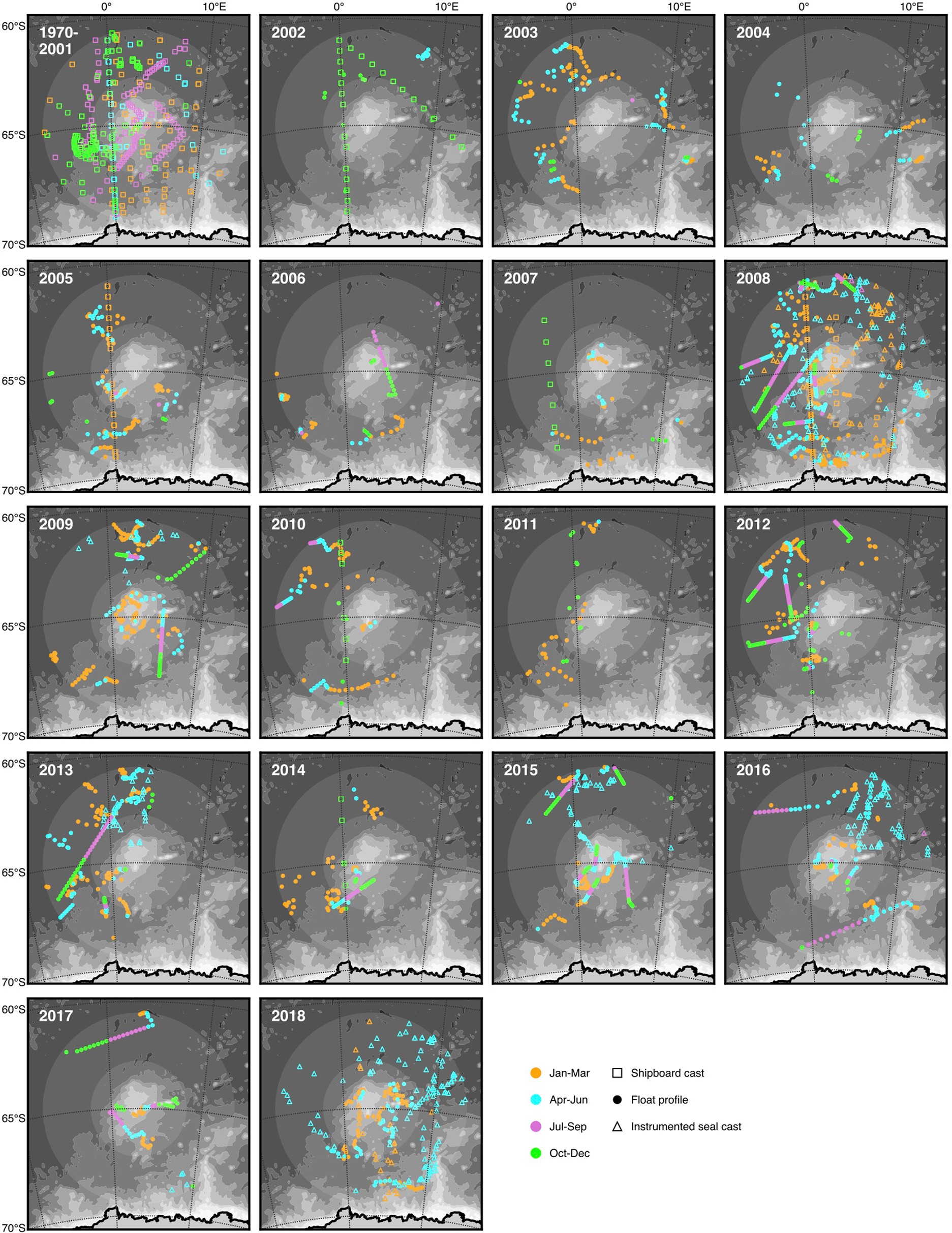 Extended Data Fig. 1: Locations of observations used to construct hydrographic climatologies for the Maud Rise and eastern Weddell regions.