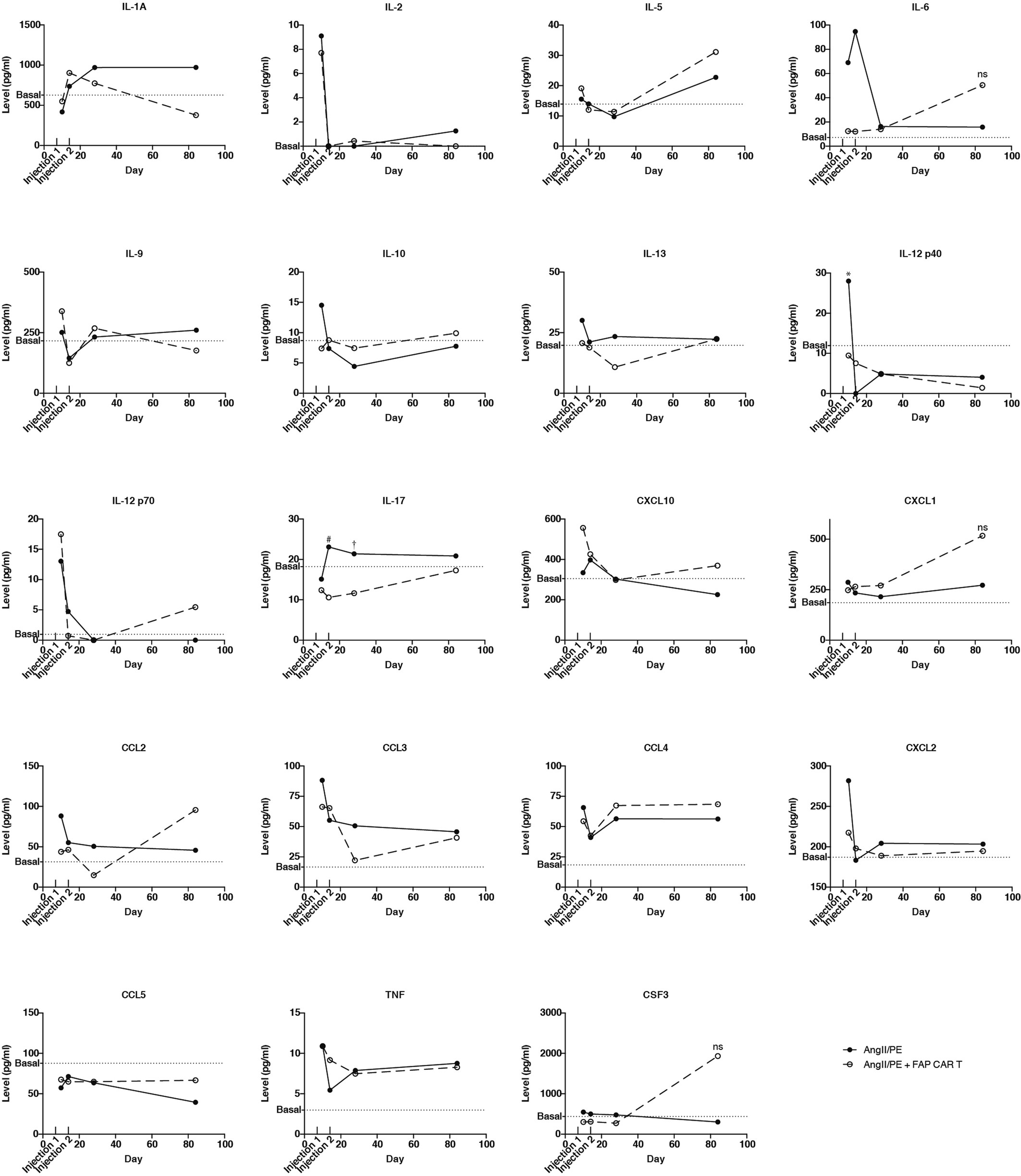 Extended Data Fig. 7: Long-term serum cytokine levels after FAP CAR T cell treatment.