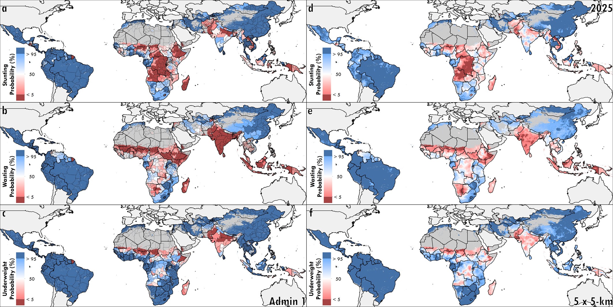 Extended Data Fig. 8: Probability of meeting WHO GNT in 2025 at the first administrative and 5 × 5-km grid-cell levels for stunting, wasting, and underweight.