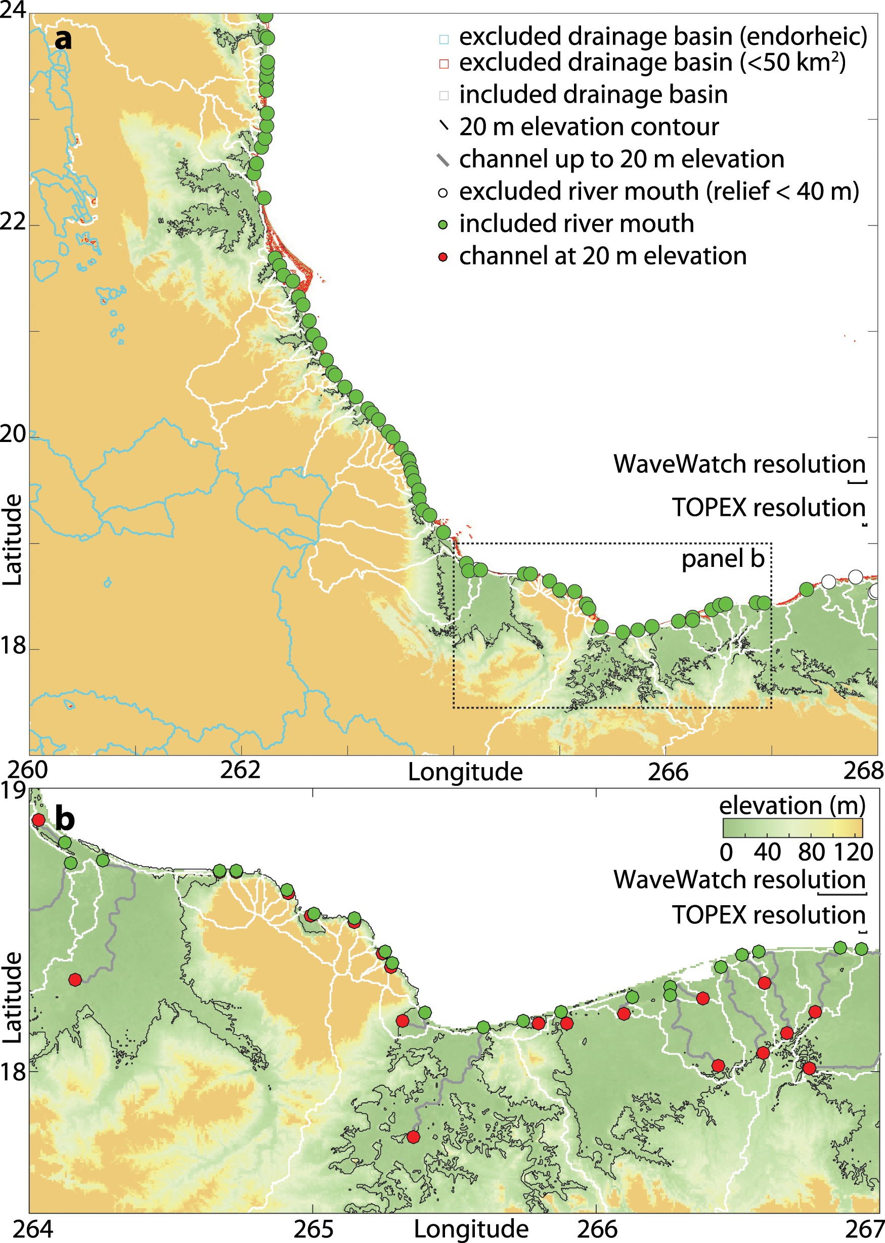 Extended Data Fig. 1: Overview of the algorithm that identifies river deltas using HydroSheds data.