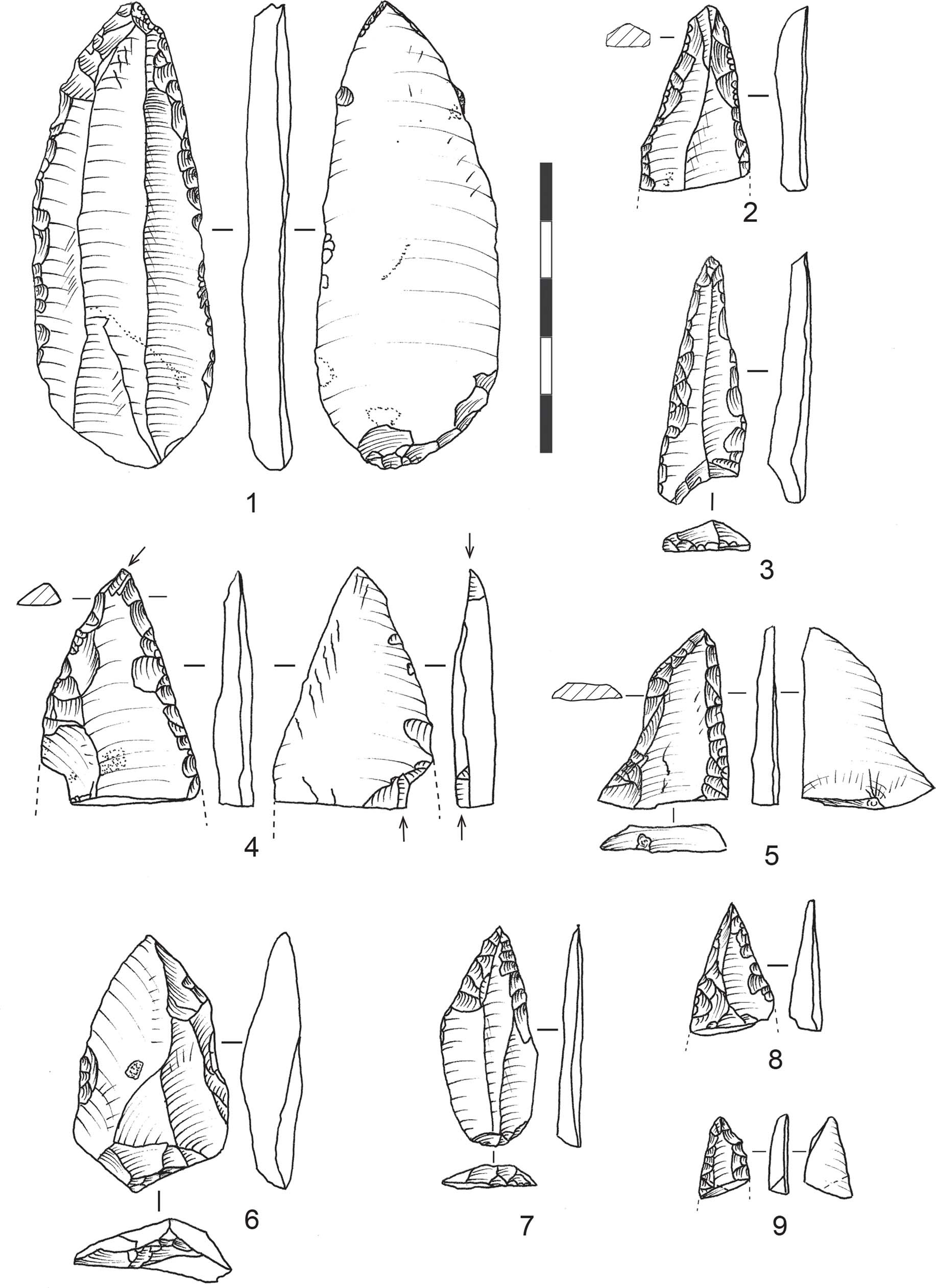 Extended Data Fig. 4: Drawings of lithic artefacts from layer I of Bacho Kiro Cave.