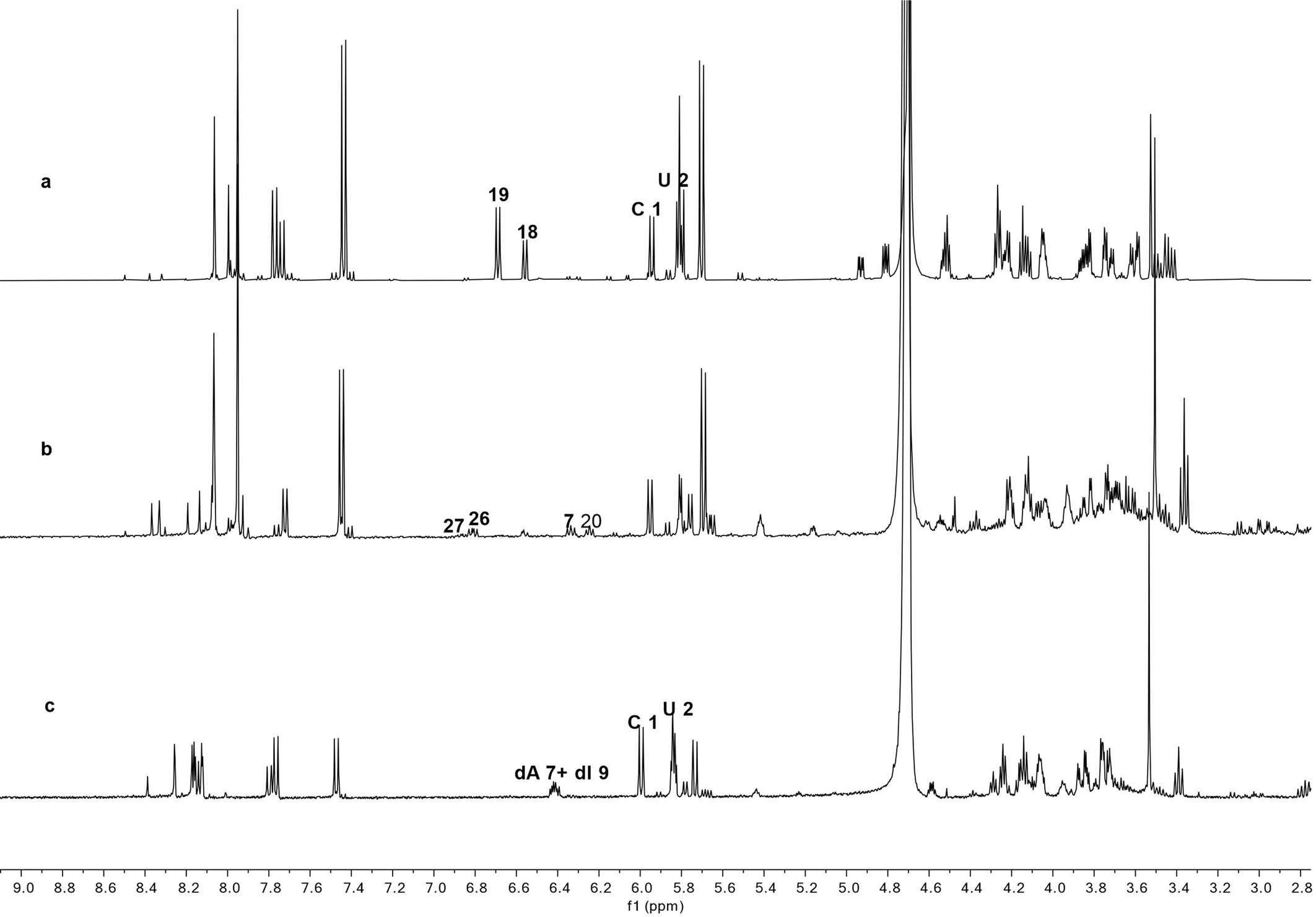 Extended Data Fig. 8: 1H NMR spectra for sequential reactions with the mixture of α-anhydrouridine (15), C (1) and U (2).