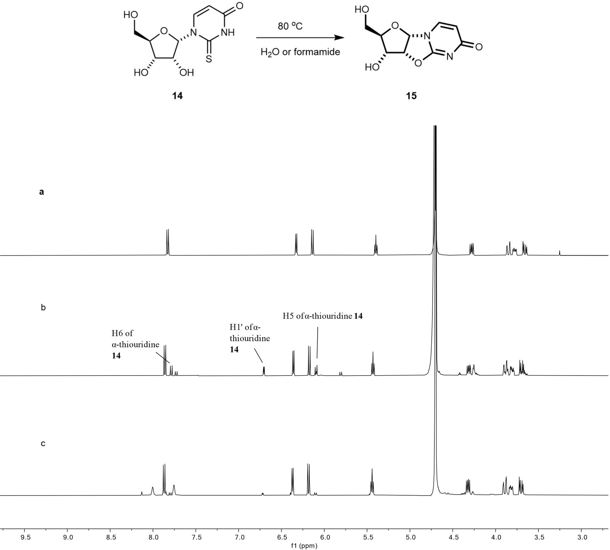 Extended Data Fig. 2: 1H NMR spectra of conversion of α-anhydrouridine (15) from α-thiouridine (14).