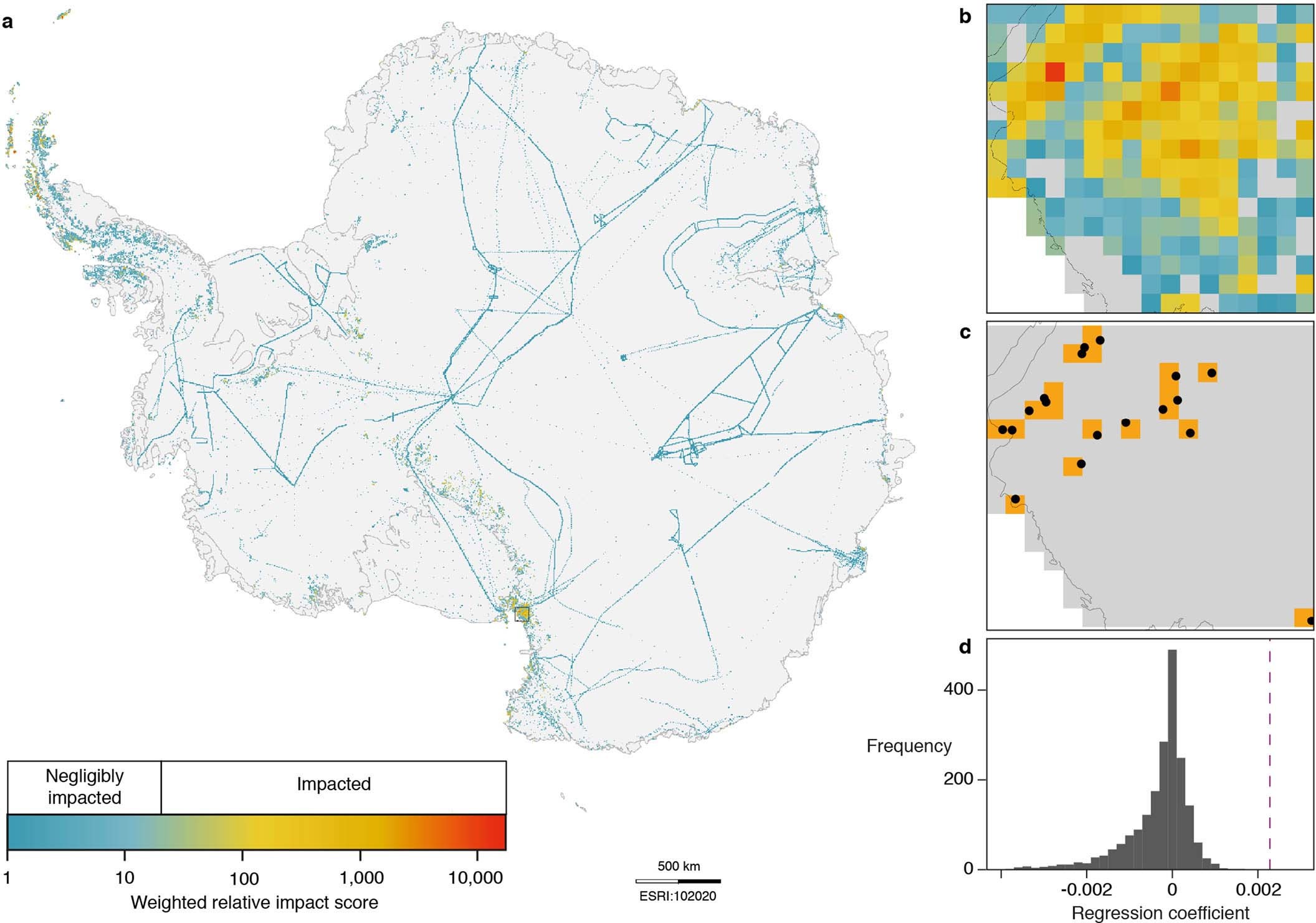 Extended Data Fig. 1: Cumulative impact of human visitation across Antarctica.