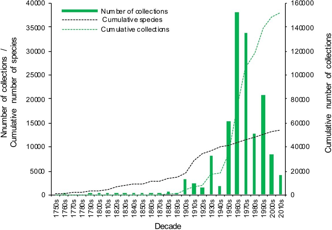 Extended Data Fig. 2: Collection effort and discovery of the New Guinea flora through time.