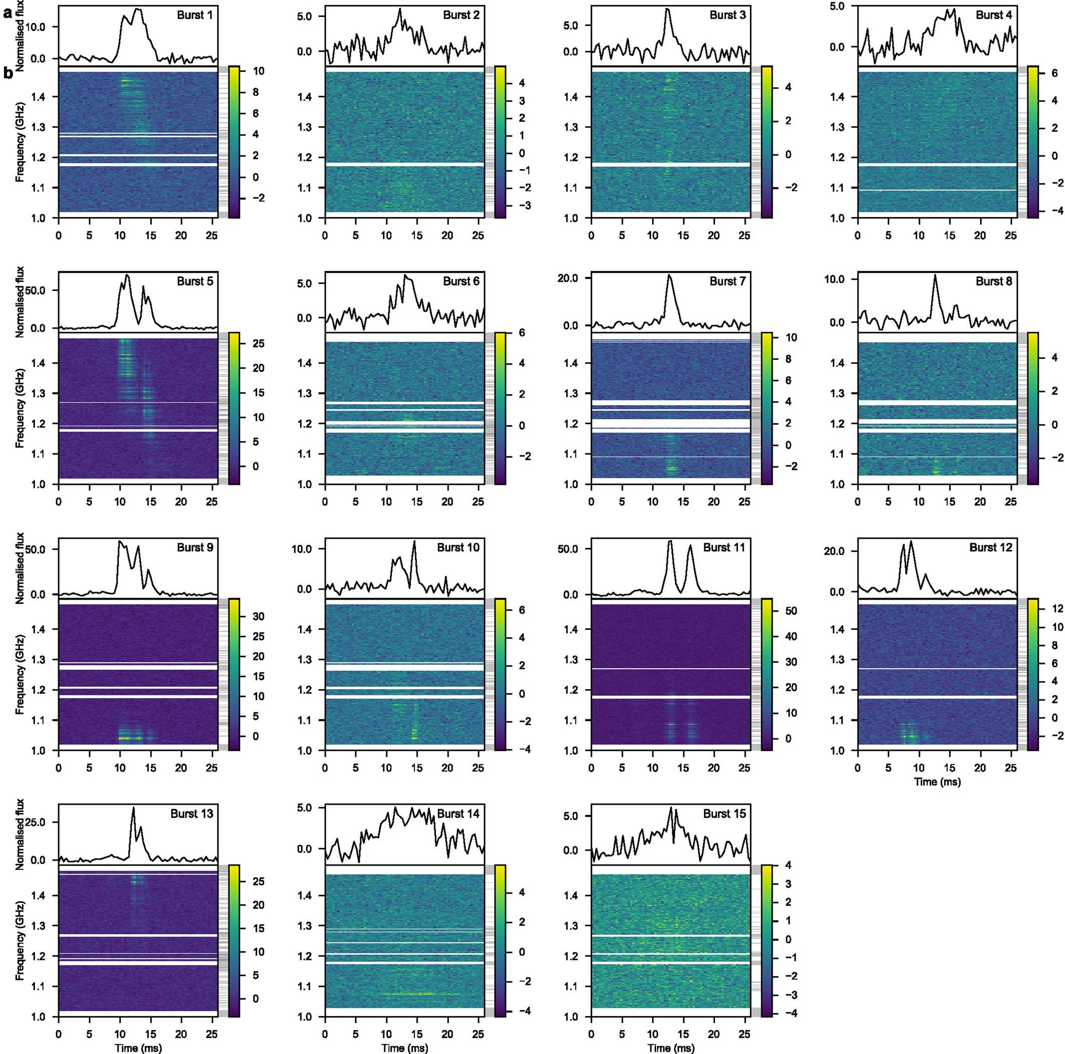 Extended Data Fig. 1: Dynamic spectra for all 15 detected bursts of FRB 180301.