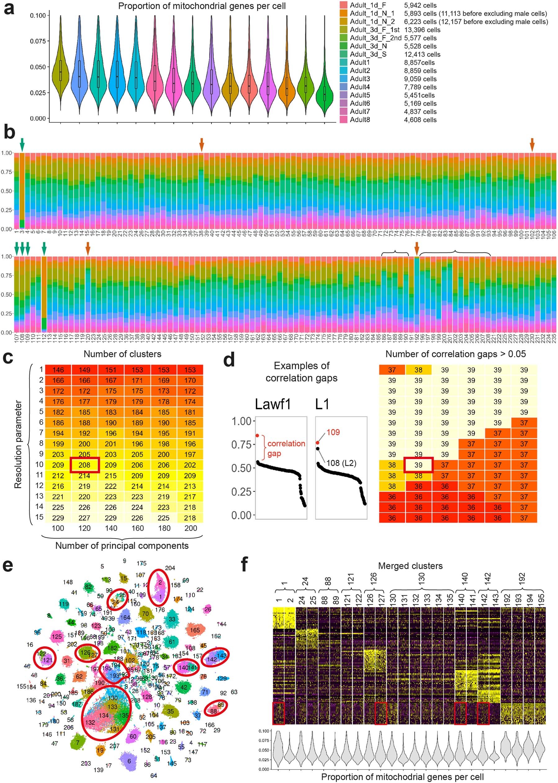 Extended Data Fig. 1: Batch effect removal and biological relevance of the adult clusters.