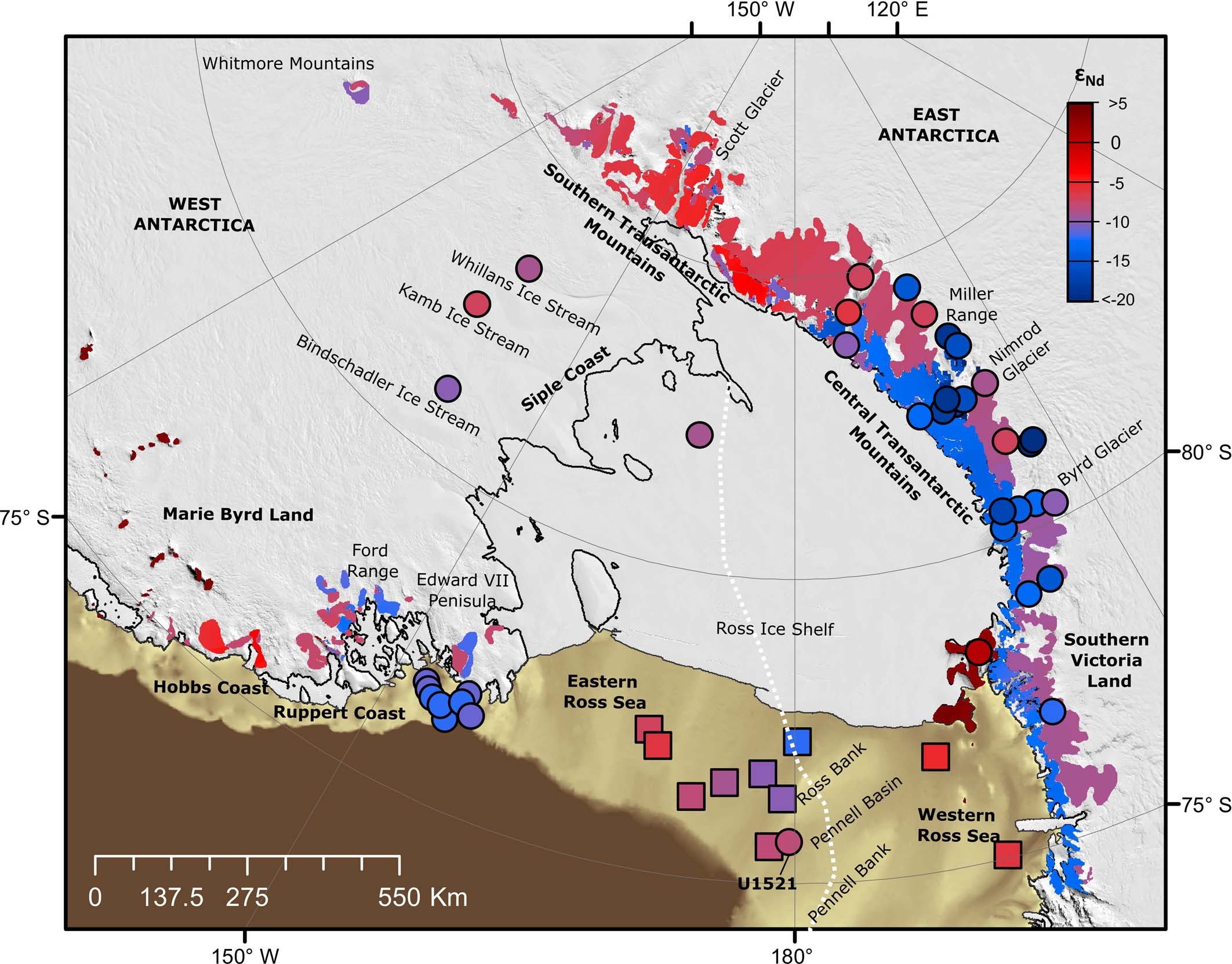 Extended Data Fig. 4: Map of approximate ɛNd values in rocks and offshore sediments from around the Ross Sea embayment.
