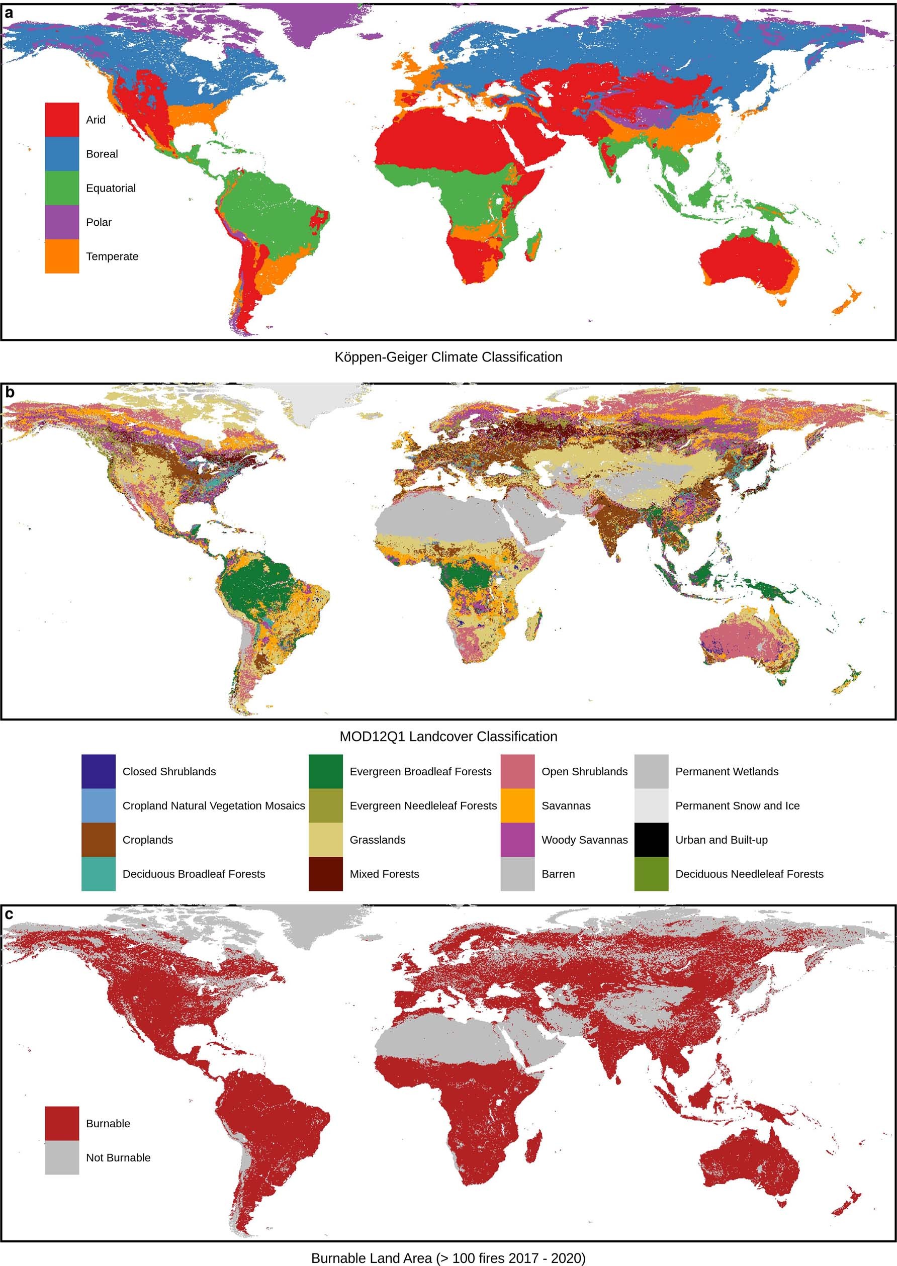 Extended Data Fig. 1: Climate and landcover classifications used in VPD threshold analysis shown at 1° grid cell resolution.
