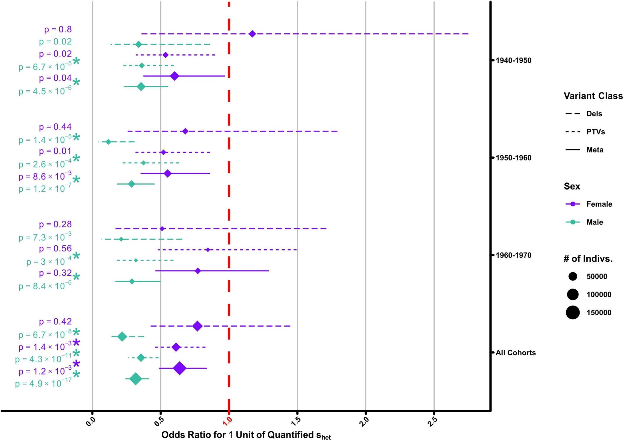 Extended Data Fig. 3: Odds ratio estimate for shet burden stratified by age group.