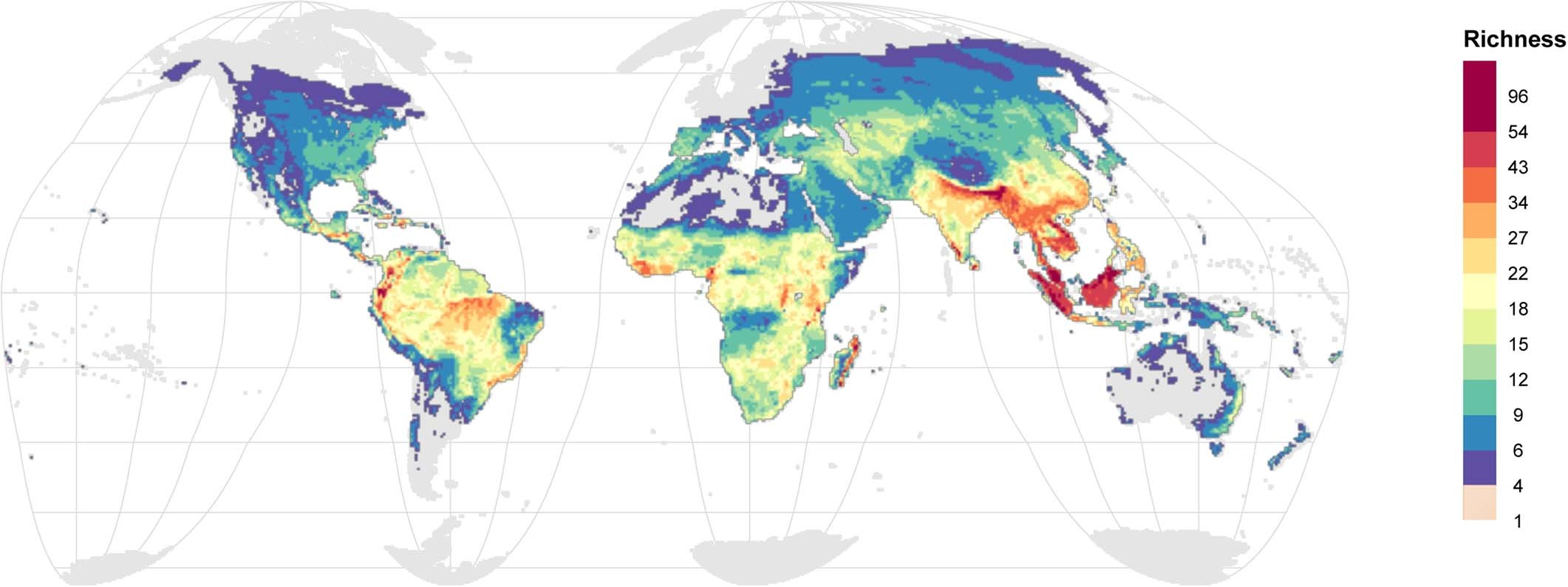 Extended Data Fig. 2: Richness of threatened (CR, EN, VU) tetrapods (50-km resolution).