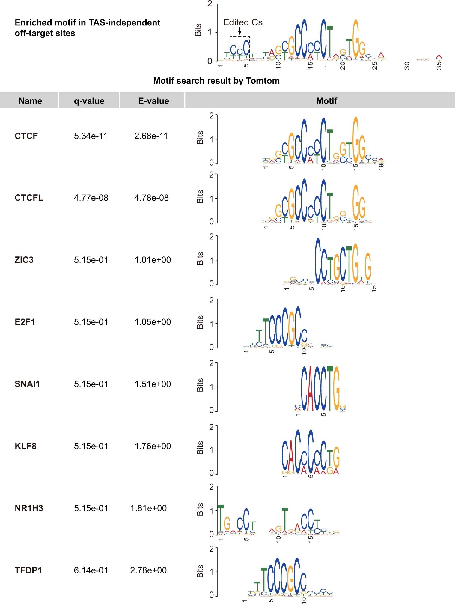 Extended Data Fig. 8: Motif search result from sequences of all TAS-independent off-target sites.