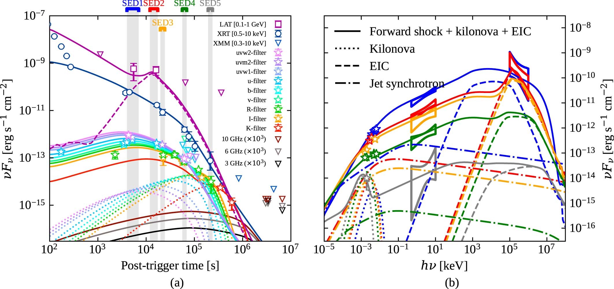 Extended Data Fig. 5: Light curves as SEDs with models, showing the synchrotron emission from the low-power jet.