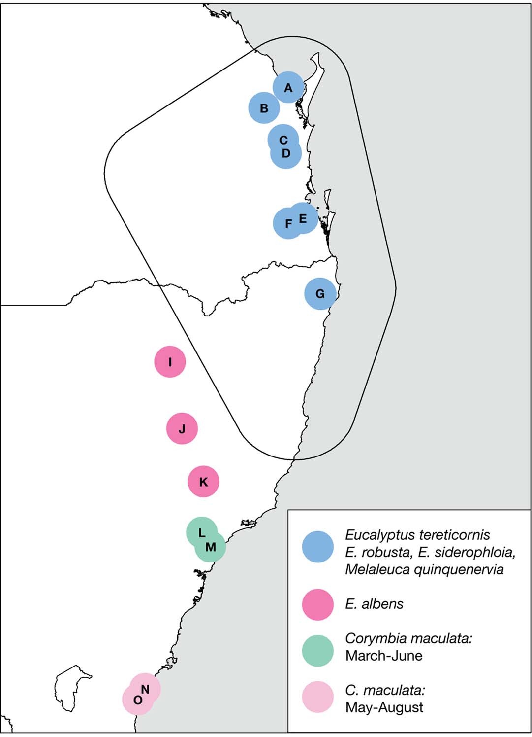 Extended Data Fig. 9: The locations of pulses of winter flowering in southeast Australia 1997–2020 as identified by aggregations ≥100,000 of nomadic grey-headed flying foxes and black flying foxes; and the winter flowering diet plants that occur in local vegetation communities.