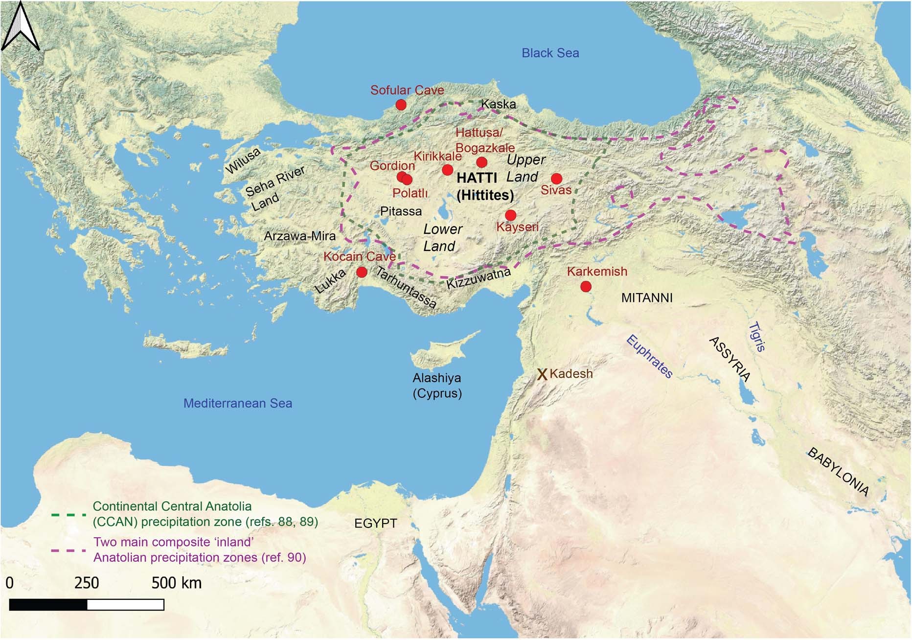 Extended Data Fig. 1: Map of East Mediterranean-Near East indicating the major ancient empires (Hatti = Hittites, Egypt, Mitanni, Assyria, Babylonia), several other main political entities sometimes within, sometimes on the margins of, the Hittite Empire (Kaska, Wilusa, Seha River Land, Arzawa-Mira, Lukka, Pitassa, Tarhuntassa, Alashiya, Kizzuwatna)11,12, the main sites/locations mentioned in this paper (Hattusa next to modern Boğazkale, Gordion, Polatlı, Sofular Cave, Kocain Cave, Kirikkale, Sivas, Kayseri, Karkemish, Kadesh), and the approximate Continental Central Anatolia (CCAN) precipitation zone88,89 or the combined two main simplified composite ‘inland’ precipitation regimes identified for Anatolia in ref. 90.