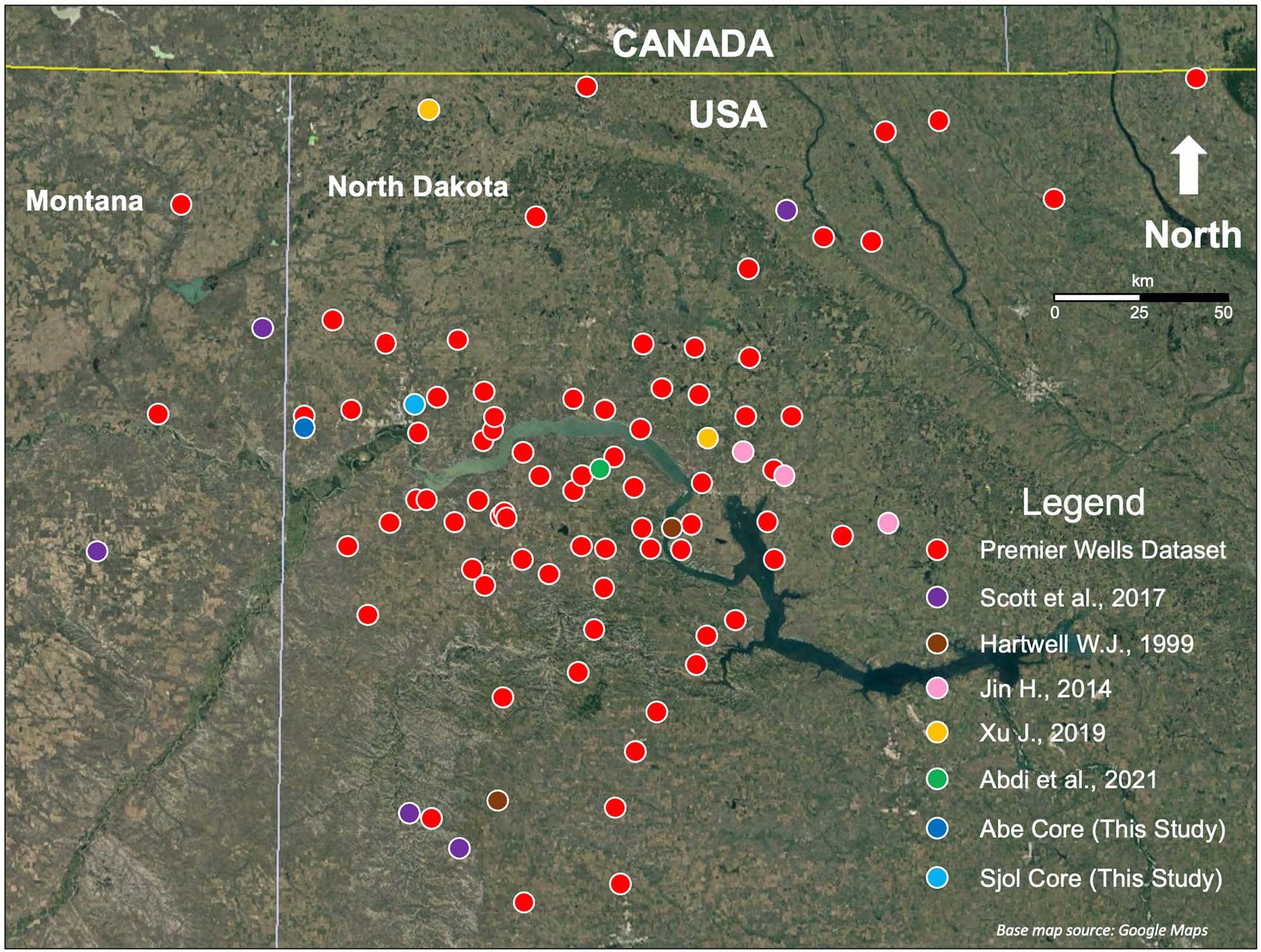 Extended Data Fig. 3: Location of all wells used in XRF compilation study.