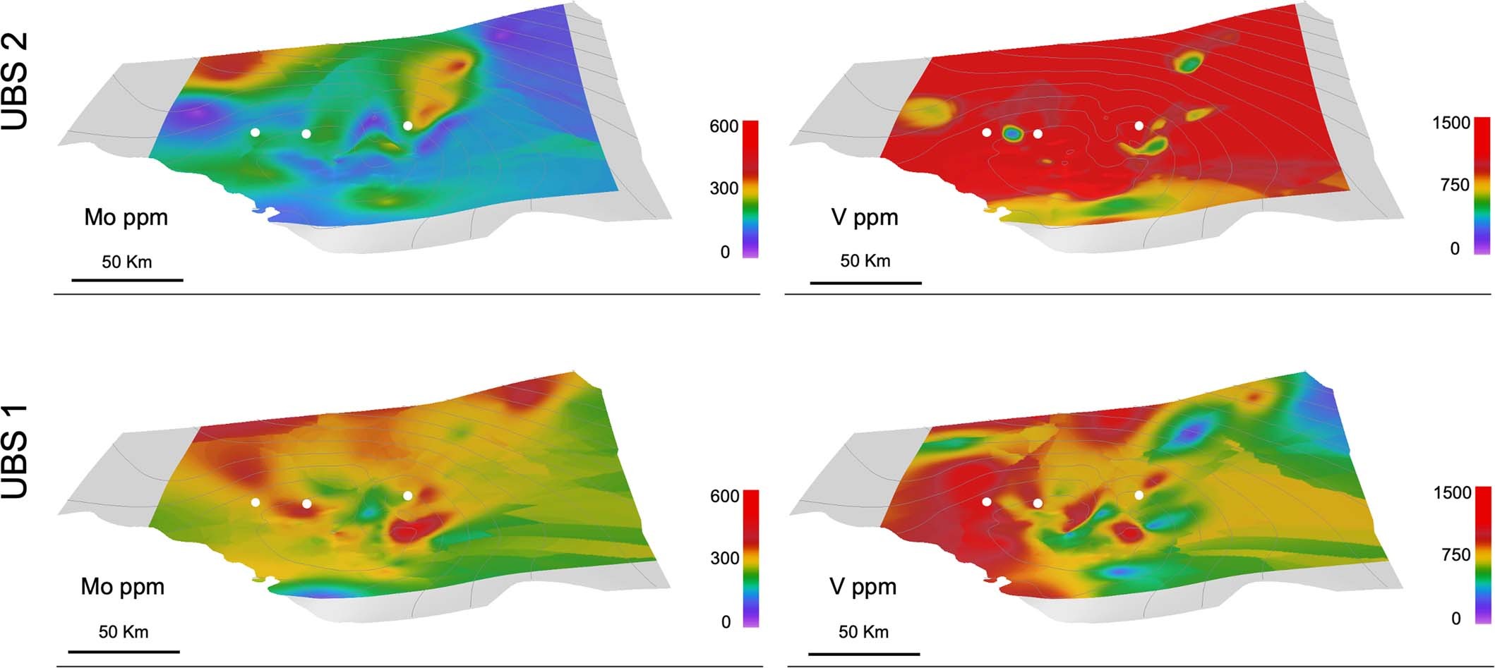 Extended Data Fig. 5: Gridded heat maps for Mo and V concentrations across UB1 and UB2.