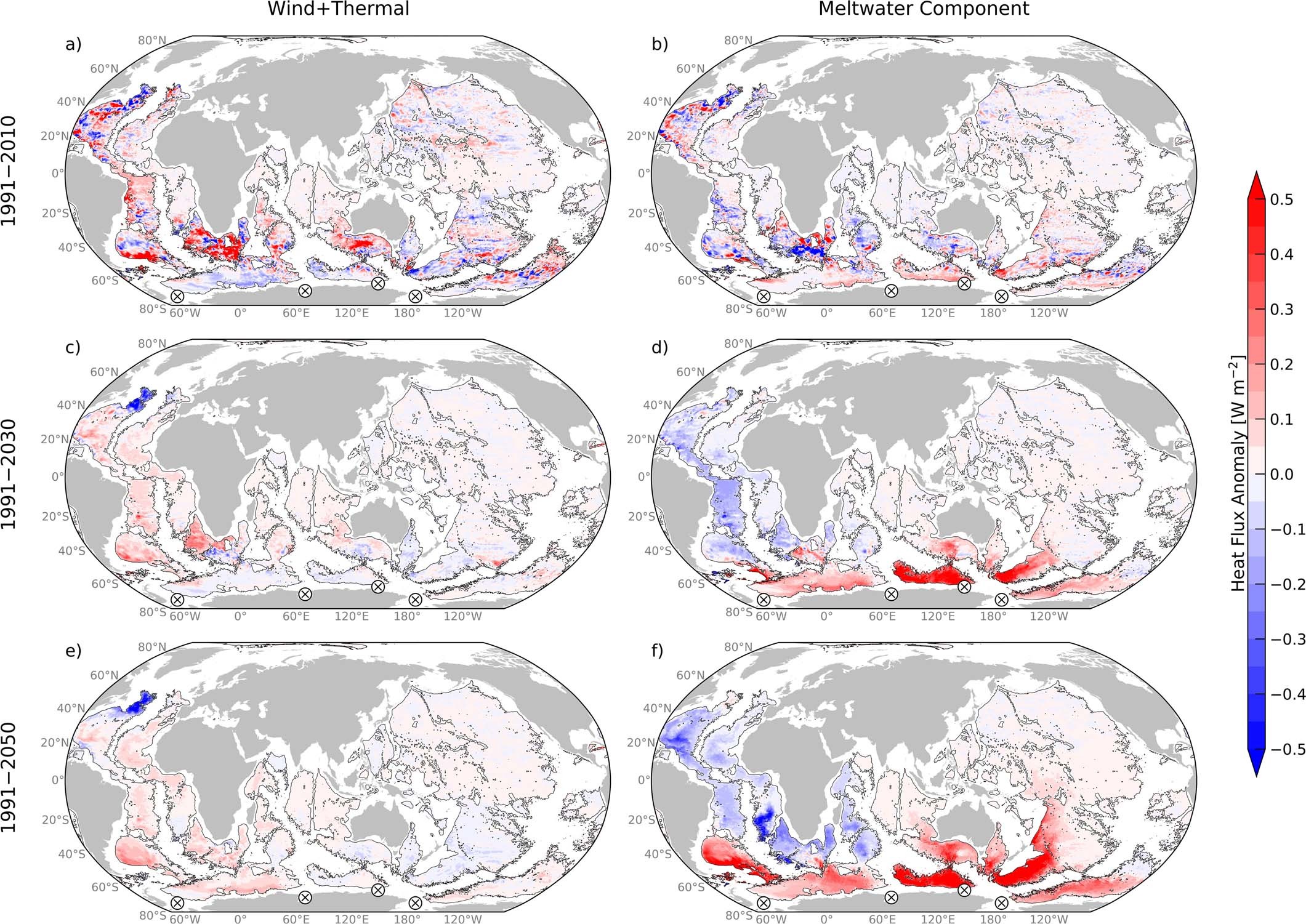 Extended Data Fig. 8: Recent﻿ and projected abyssal warming trends from the [wind+thermal] run and the estimated meltwater component.