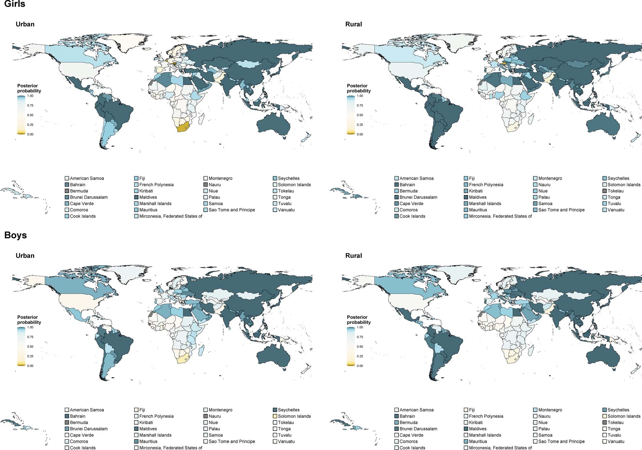 Extended Data Fig. 4: Posterior probability of increase in mean height in urban and rural areas from 1990 to 2020.