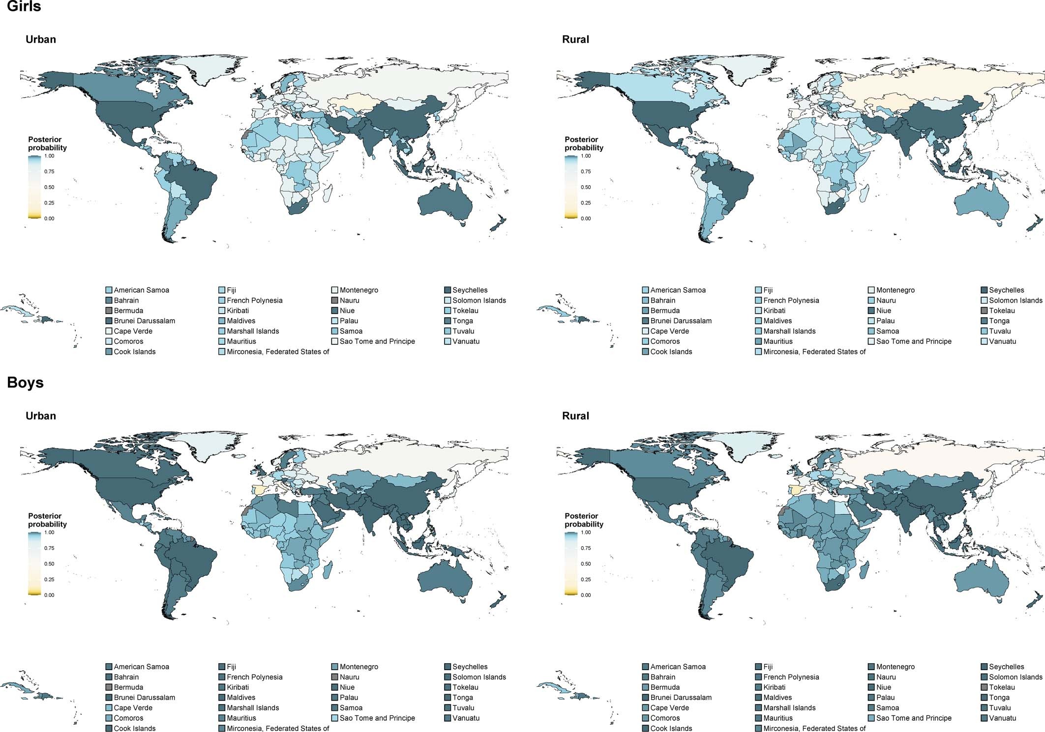 Extended Data Fig. 5: Posterior probability of increase in mean body-mass index (BMI) in urban and rural areas from 1990 to 2020.