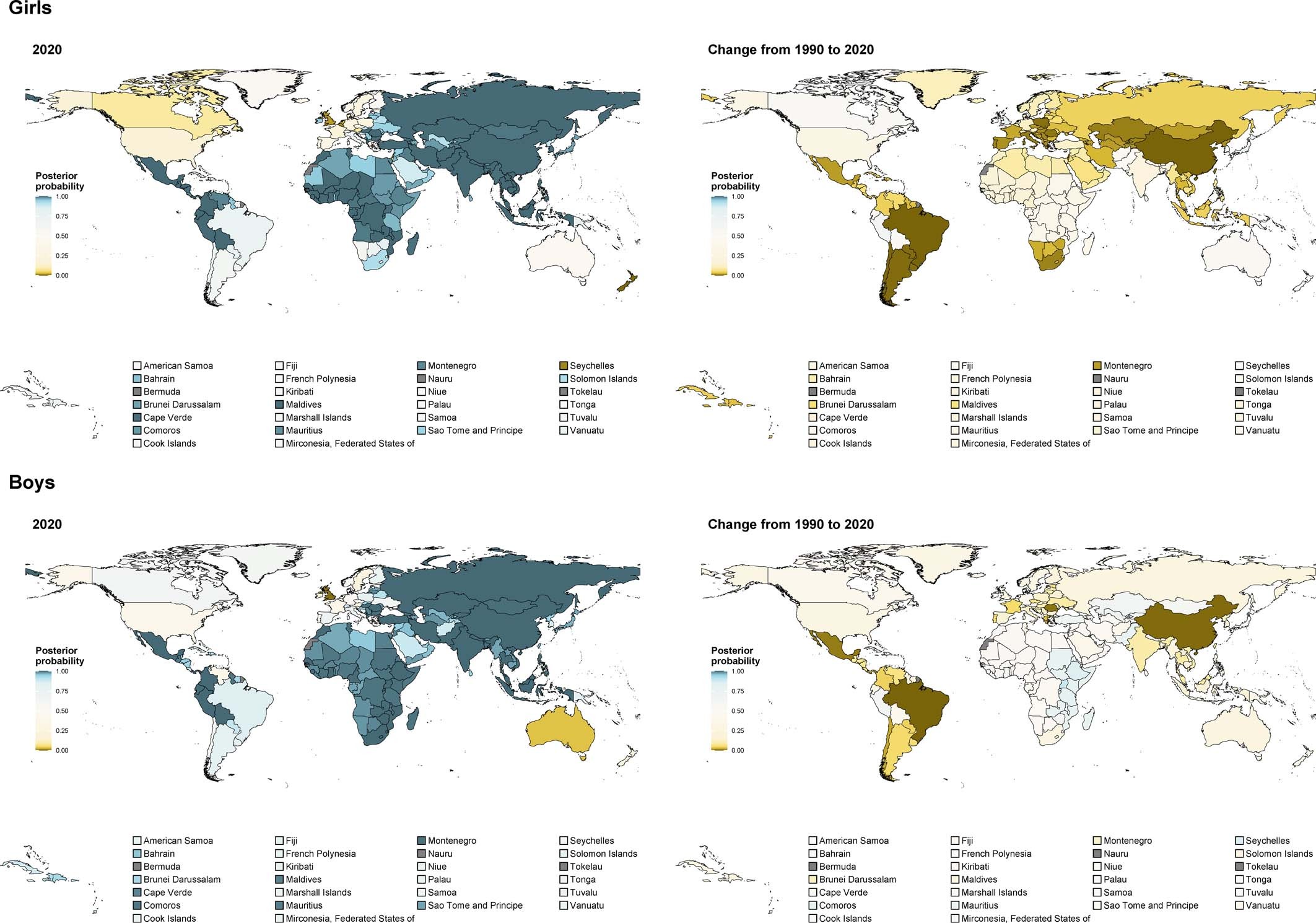 Extended Data Fig. 8: Posterior probability of urban-rural height difference in 2020 and its increase from 1990 to 2020.