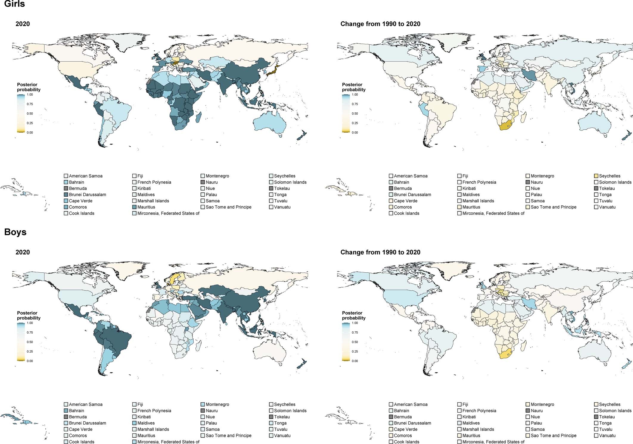 Extended Data Fig. 9: Posterior probability of urban-rural body-mass index (BMI) difference in 2020 and its increase from 1990 to 2020.