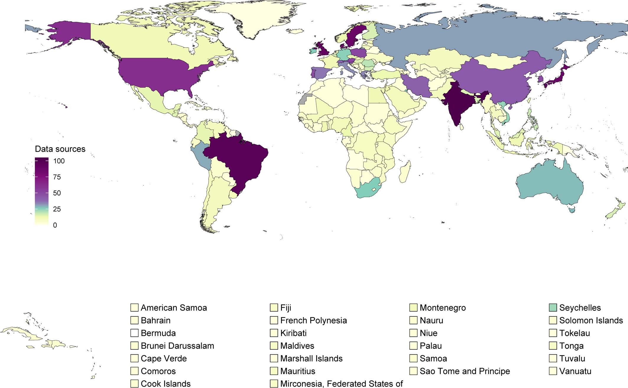 Extended Data Fig. 1: Number of data sources used in the analysis, by country